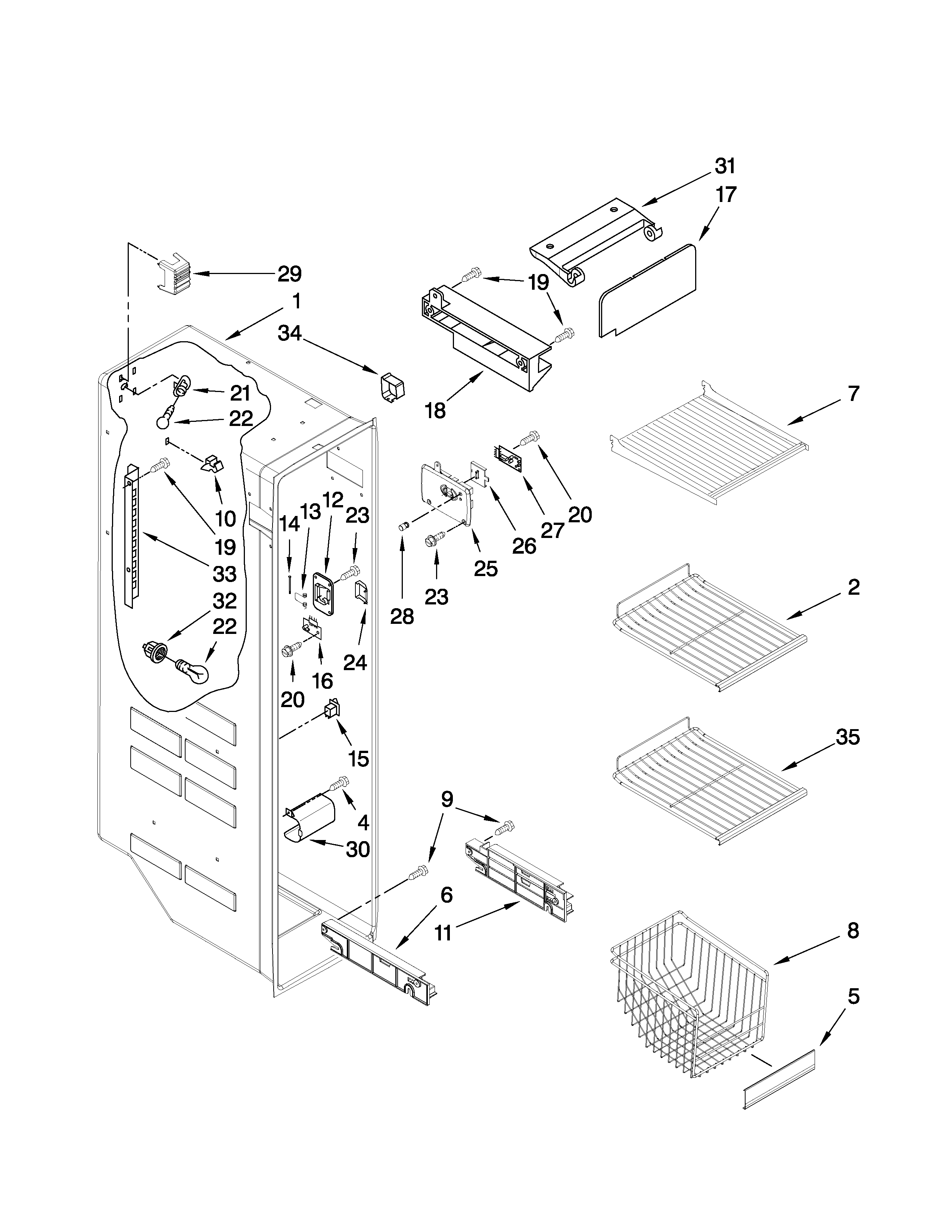 Whirlpool ES5DVAXWA00 freezer liner parts diagram