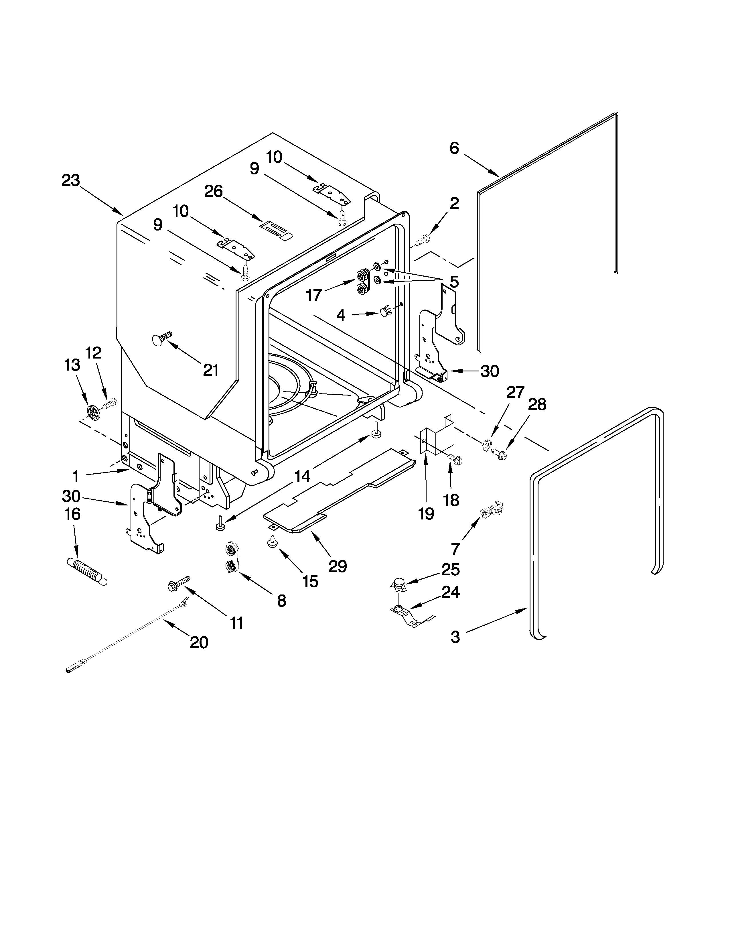 KitchenAid KUDC03IVBL2 tub and frame parts diagram