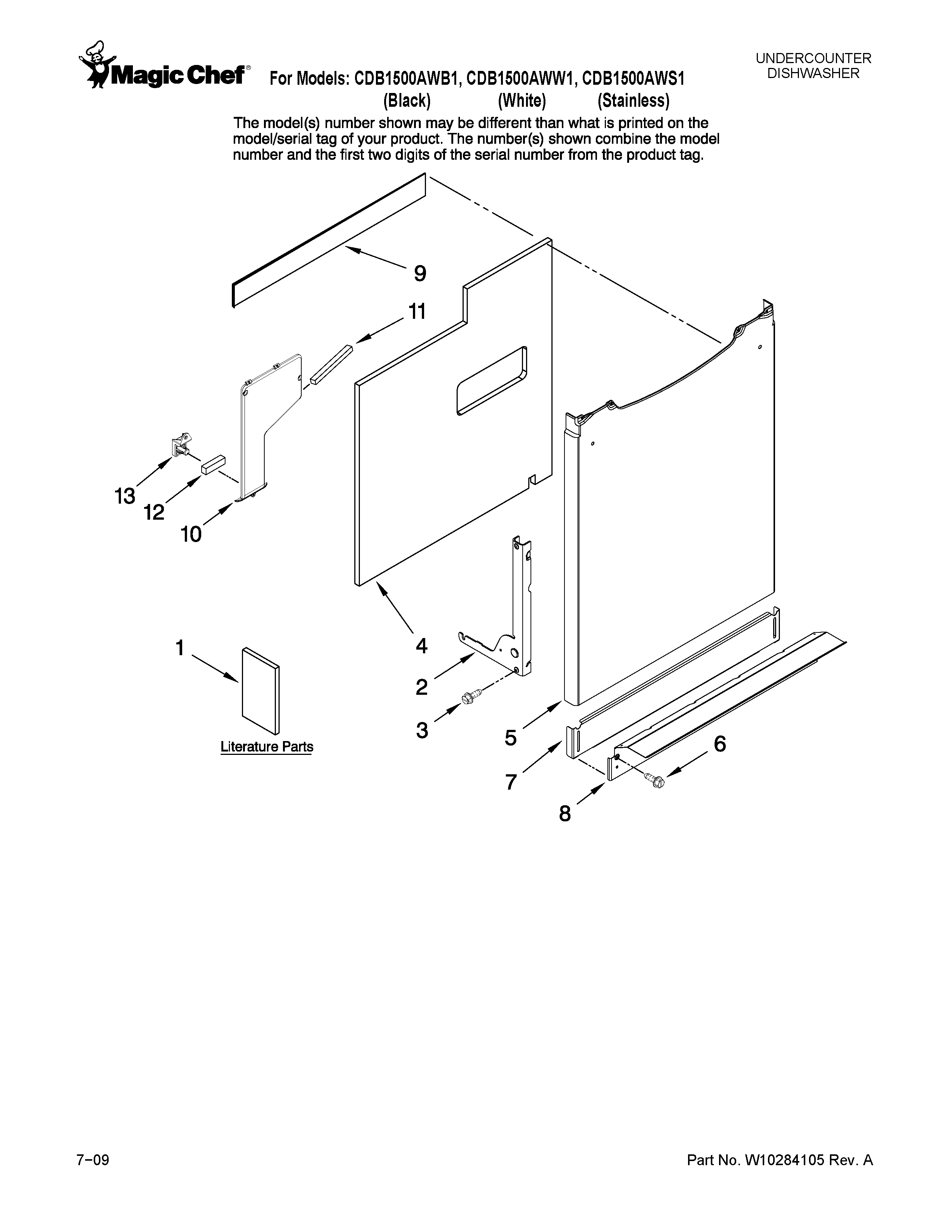 Magic Chef CDB1500AWW1 door and panel parts diagram