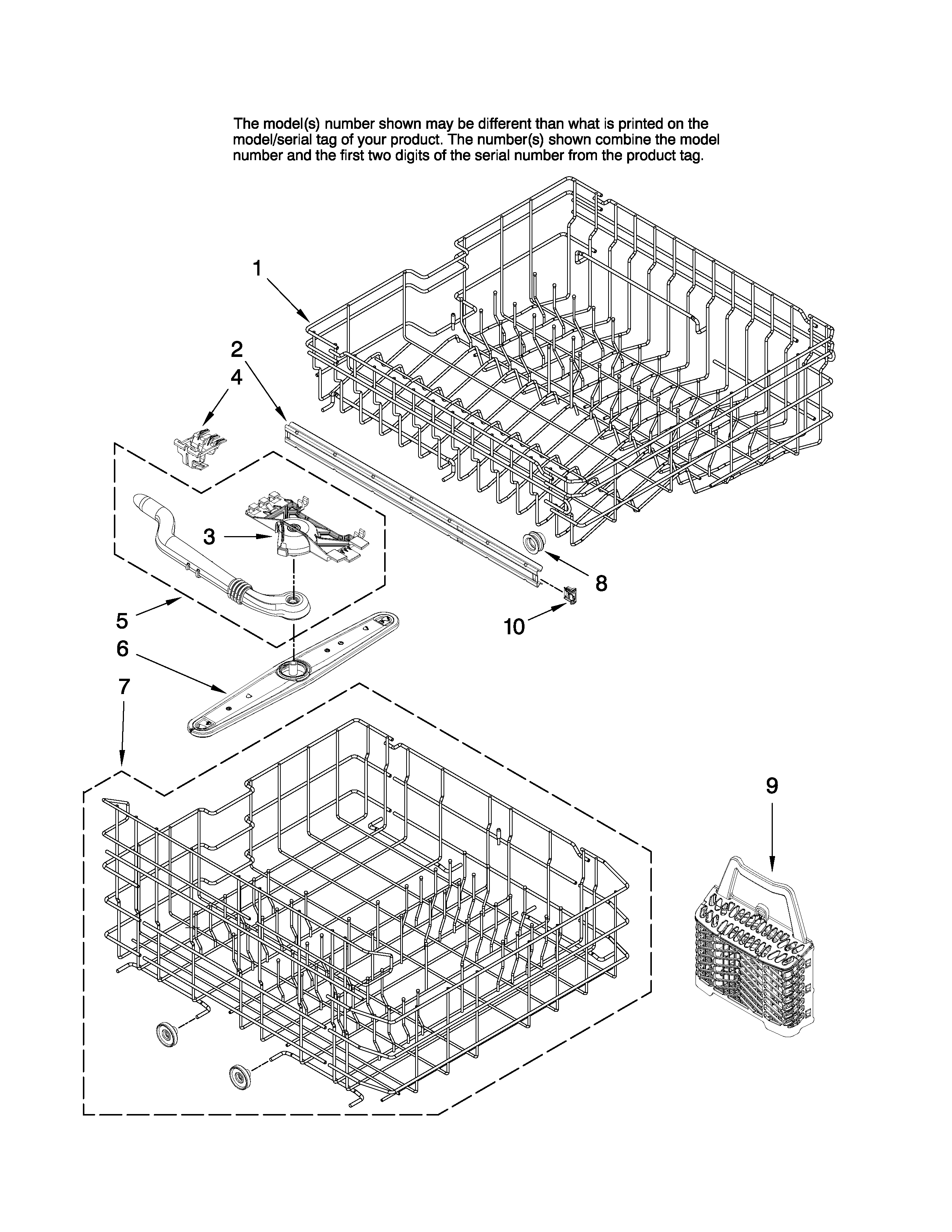 Magic Chef CDB1500AWB2 upper and lower rack parts diagram