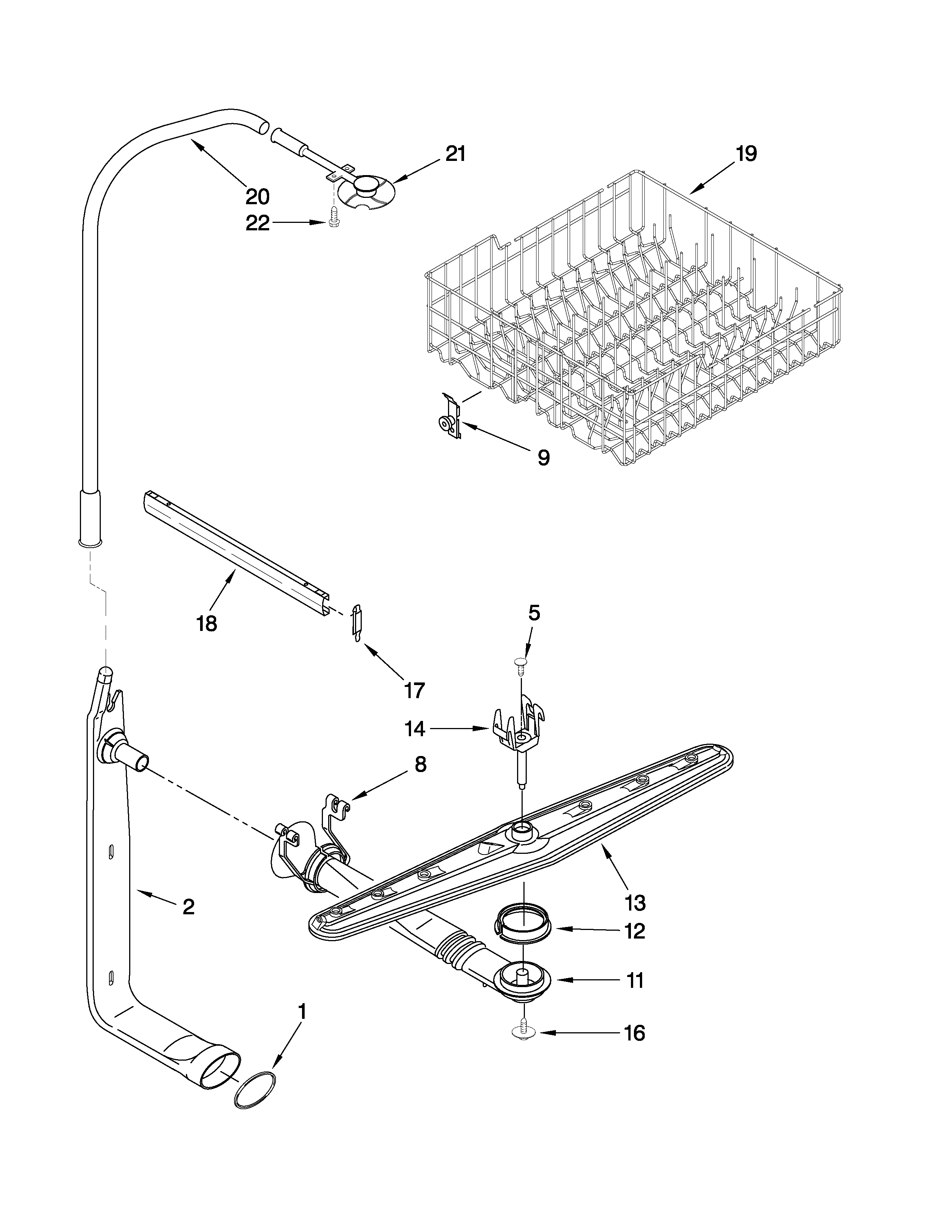 Estate TUD6710WQ0 upper dishrack and water feed parts diagram