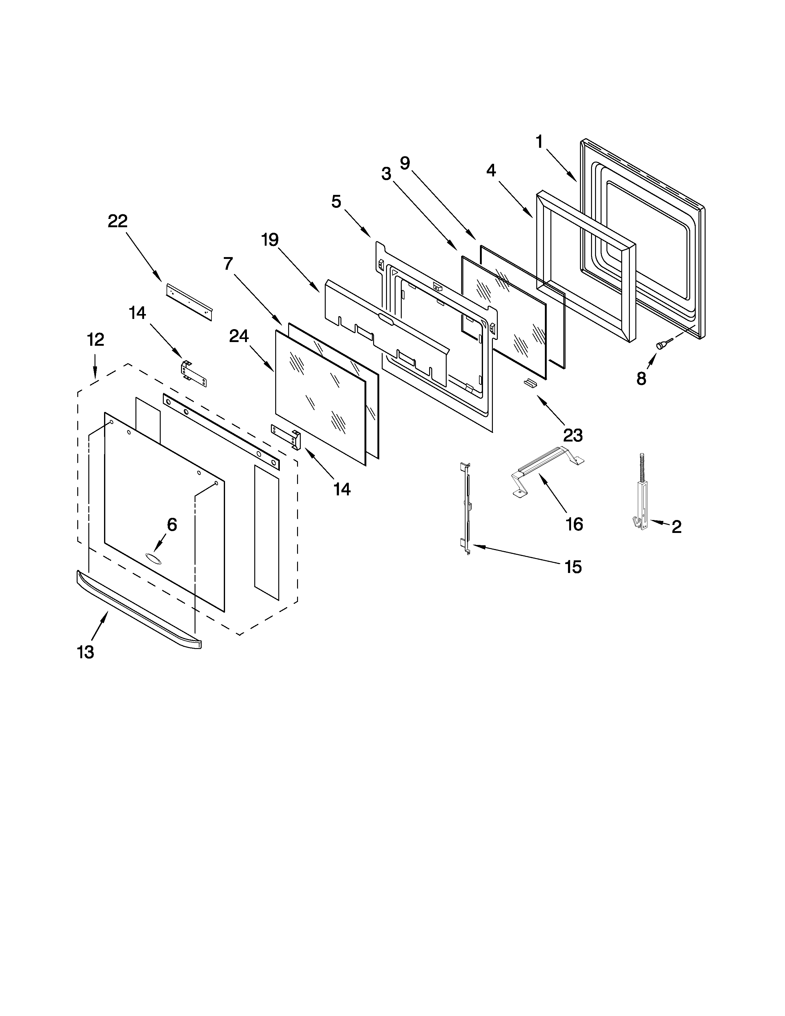 Whirlpool GBD309PVQ02 upper oven door parts diagram
