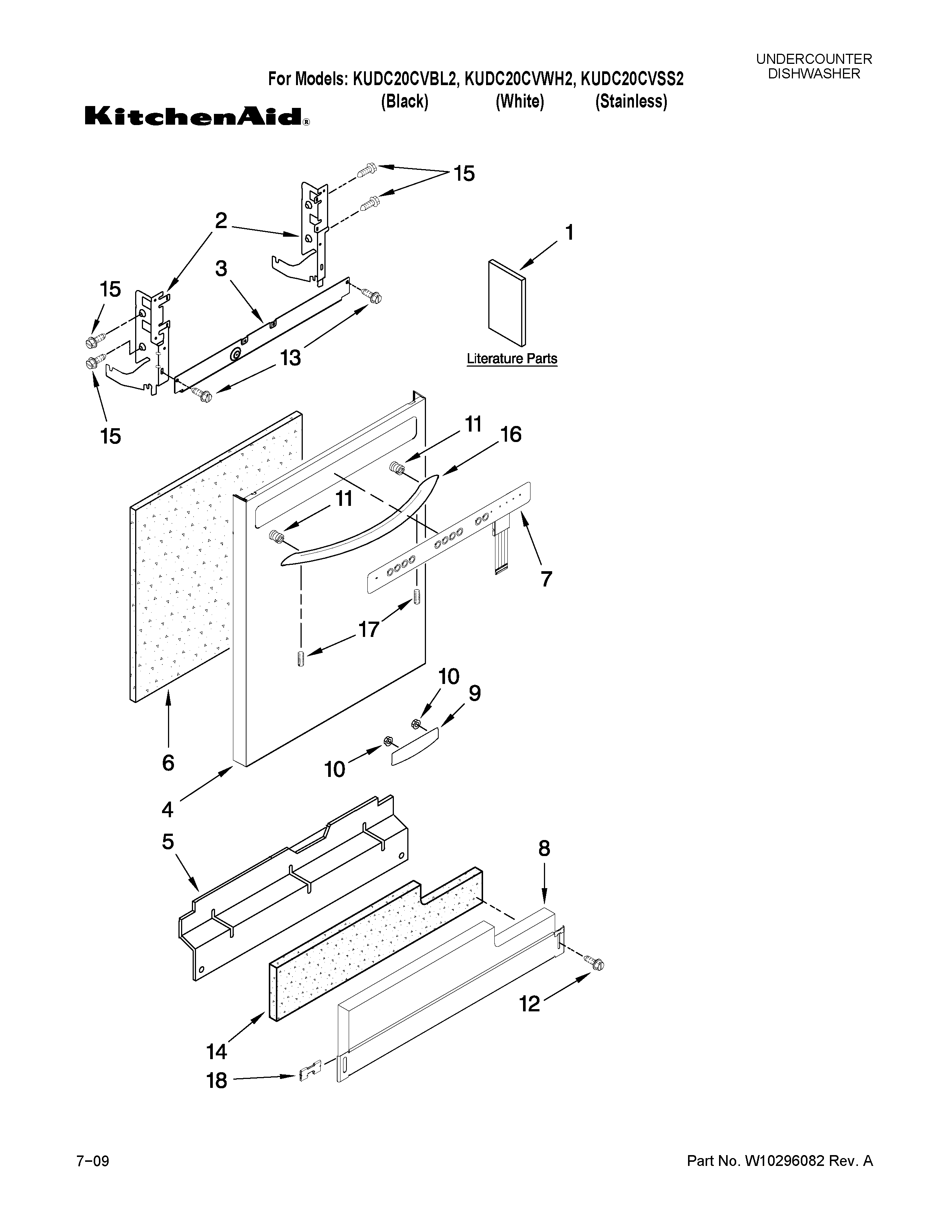 KitchenAid KUDC20CVWH2 door and panel parts diagram