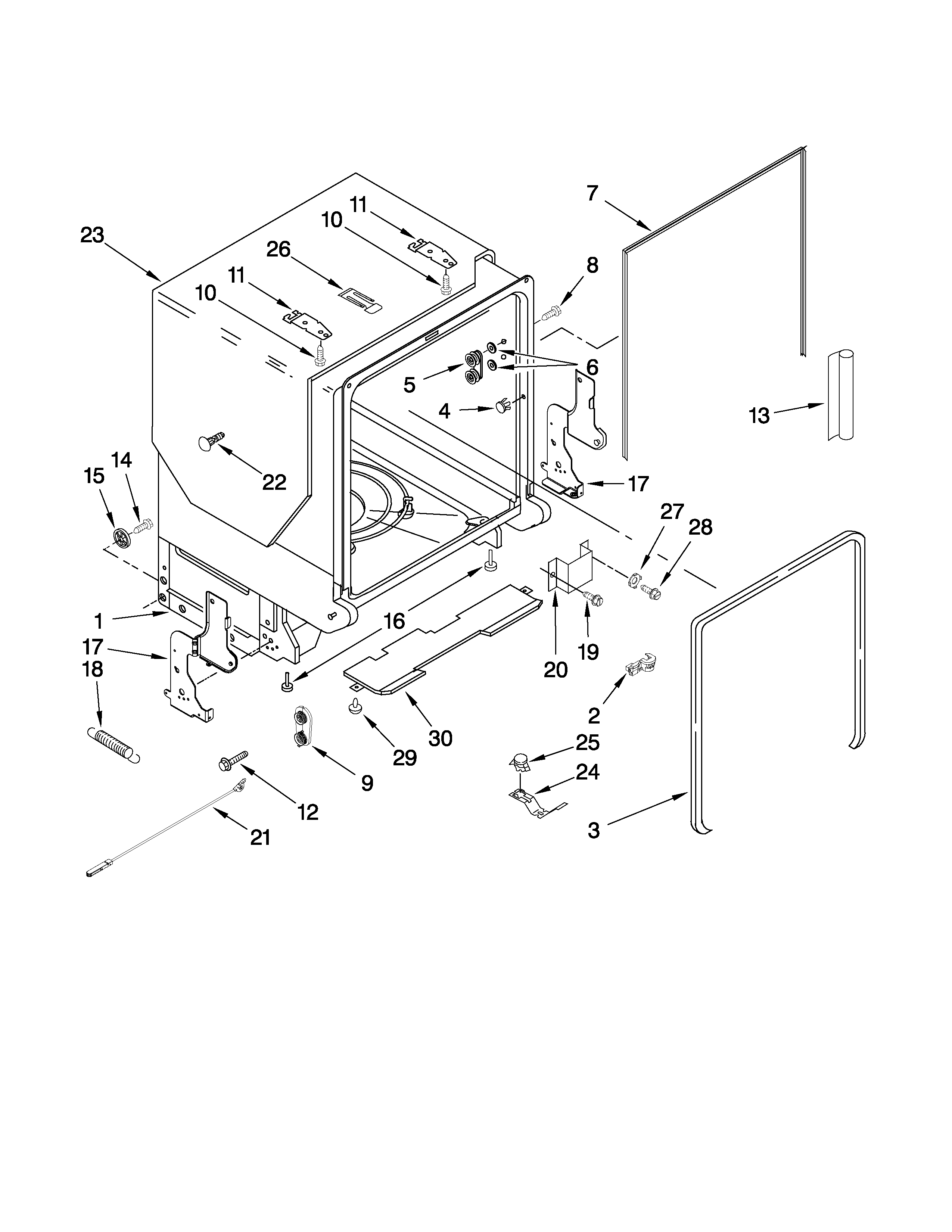 KitchenAid KUDC20CVWH2 tub and frame parts diagram