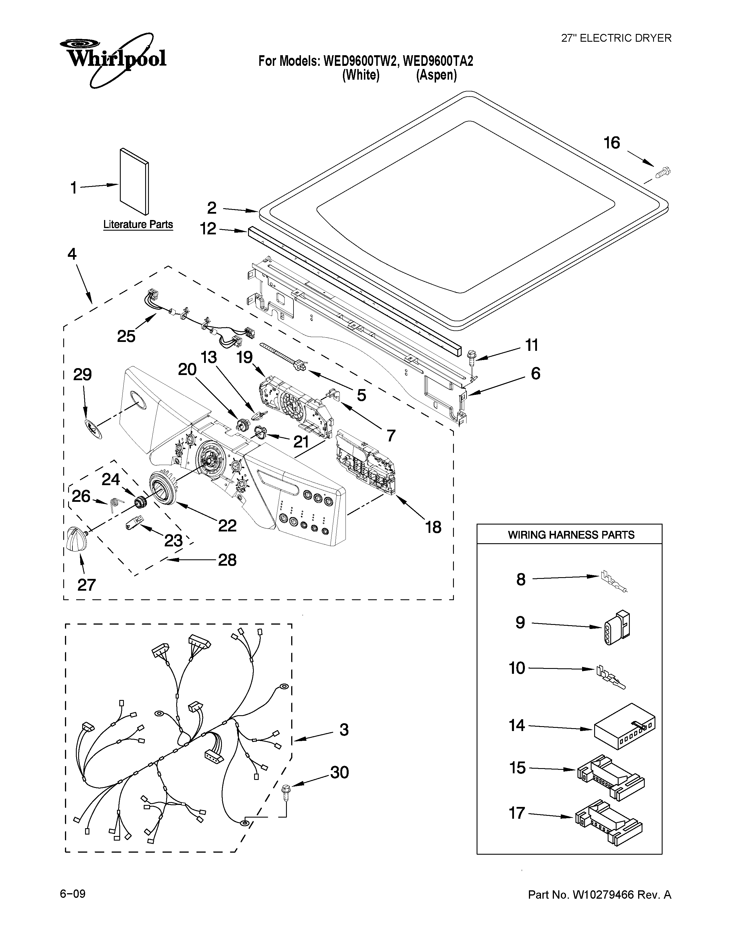 Whirlpool WED9600TA2 top and console parts diagram
