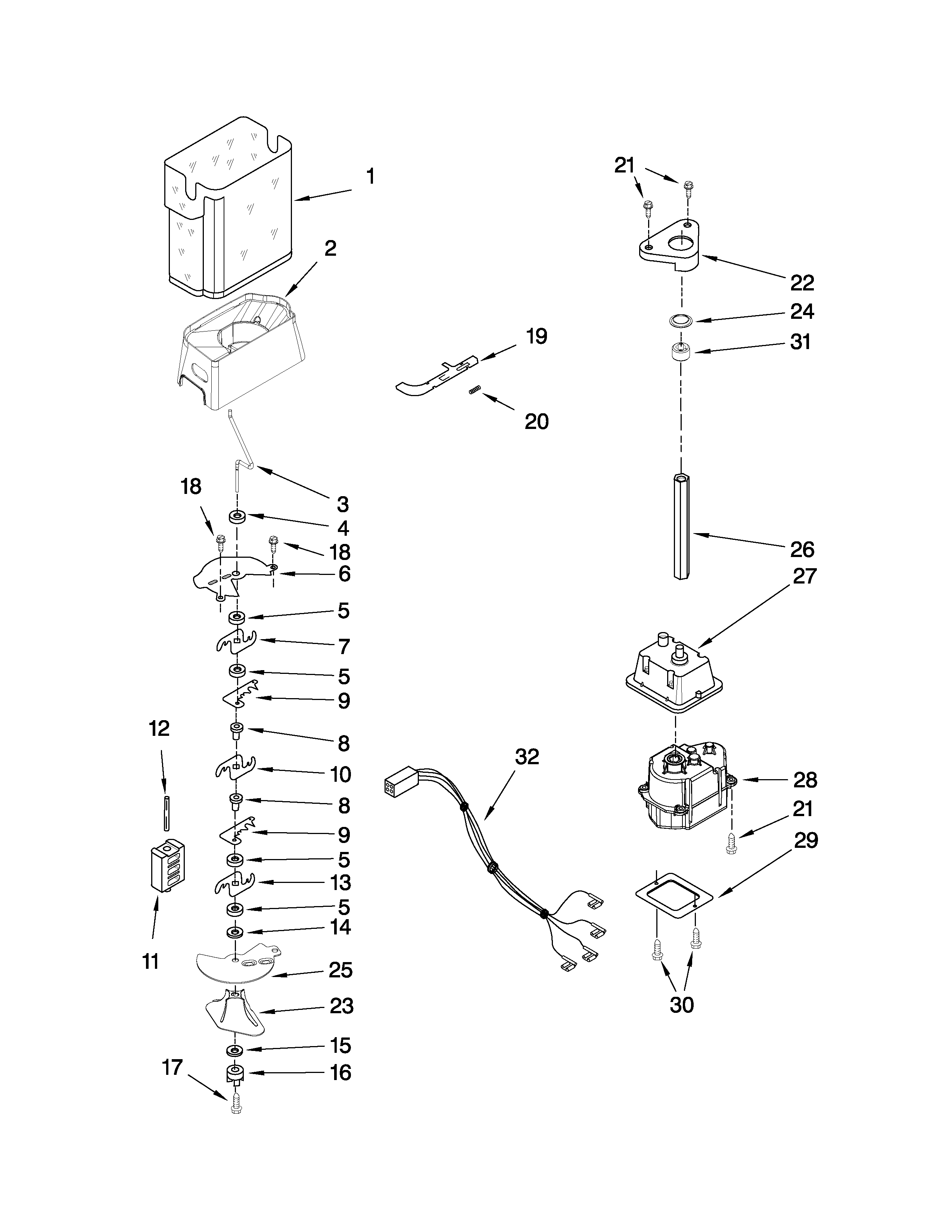 Whirlpool ED5FHAXVA02 motor and ice container parts diagram