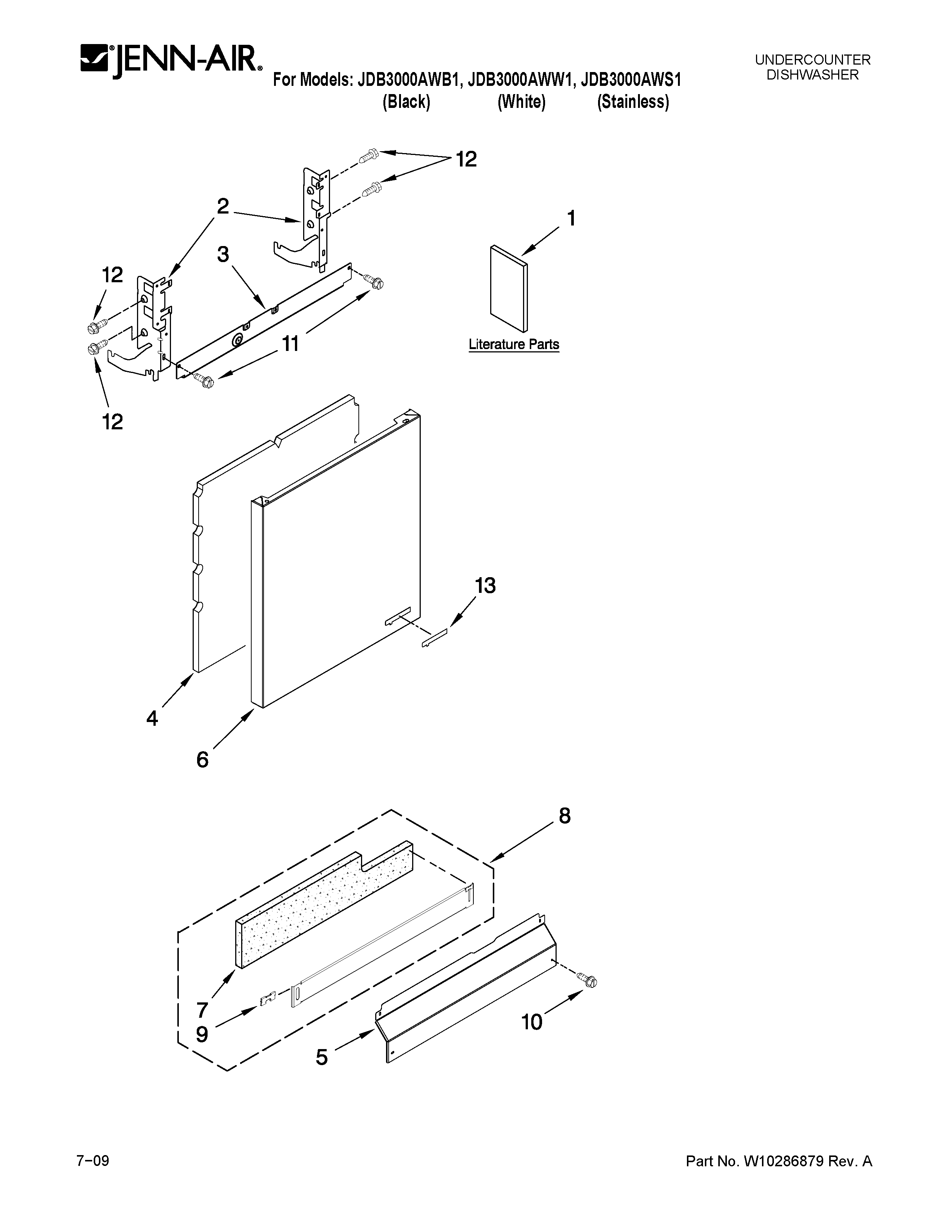 Jenn-Air JDB3000AWS1 door and panel parts diagram