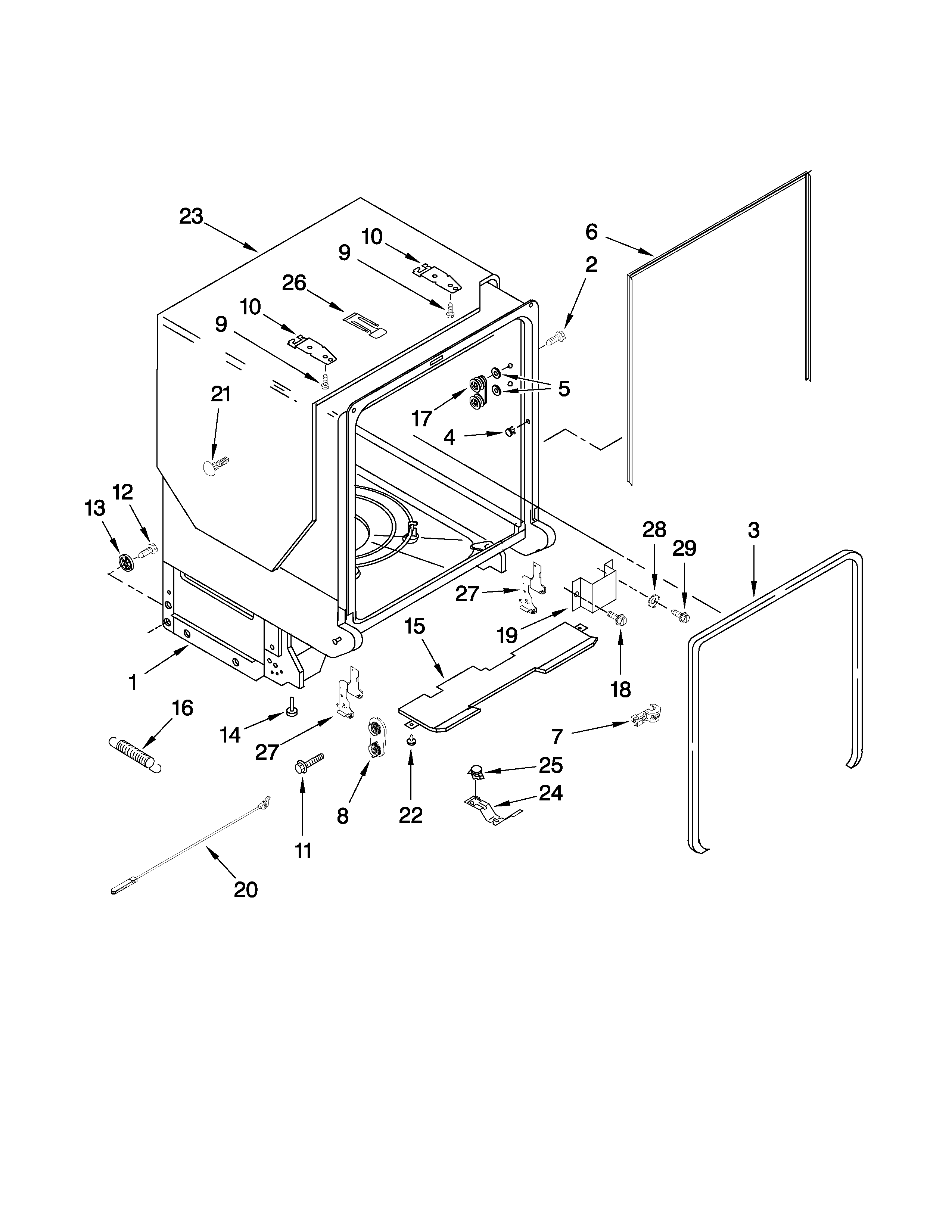 Jenn-Air JDB3000AWS1 tub and frame parts diagram