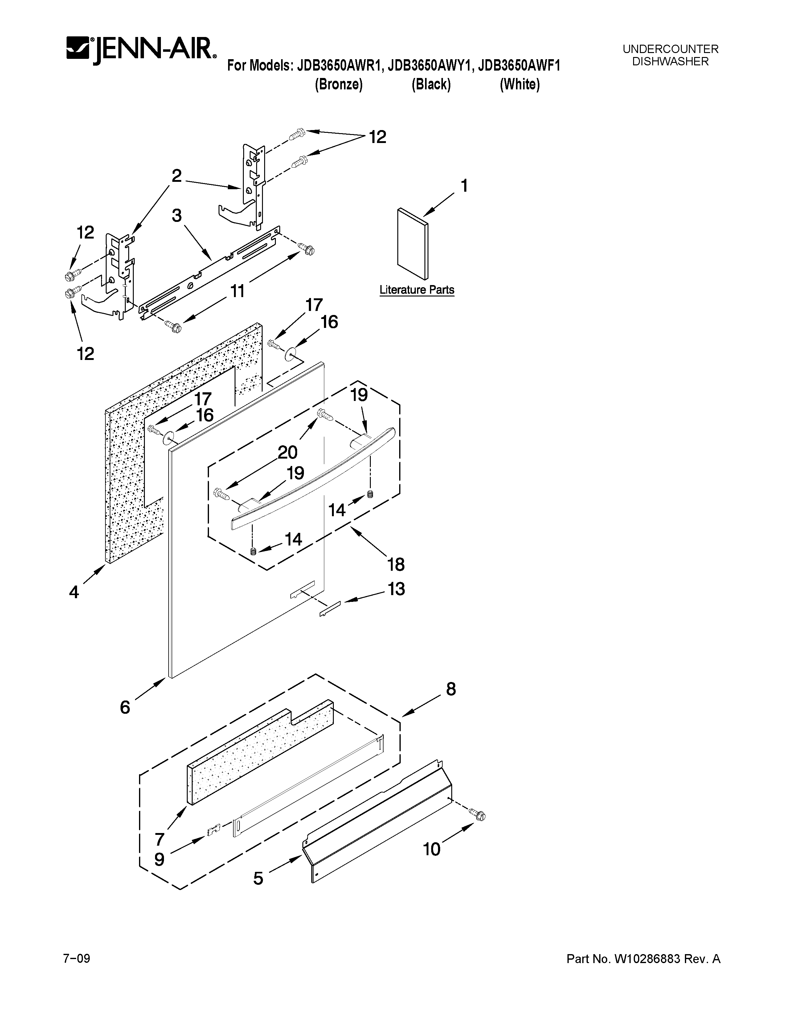 Jenn-Air JDB3650AWR1 door and panel parts diagram