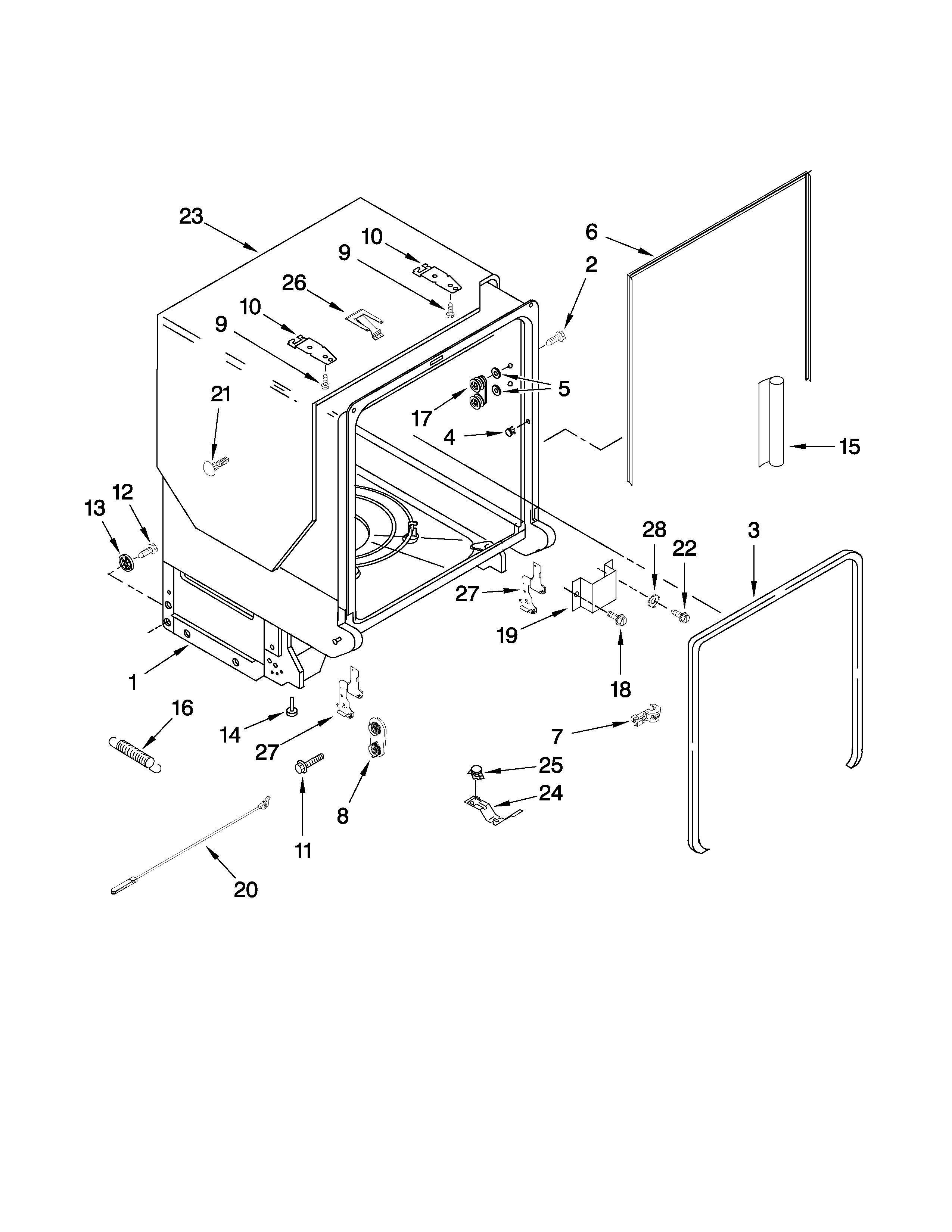 Jenn-Air JDB3650AWR1 tub and frame parts diagram