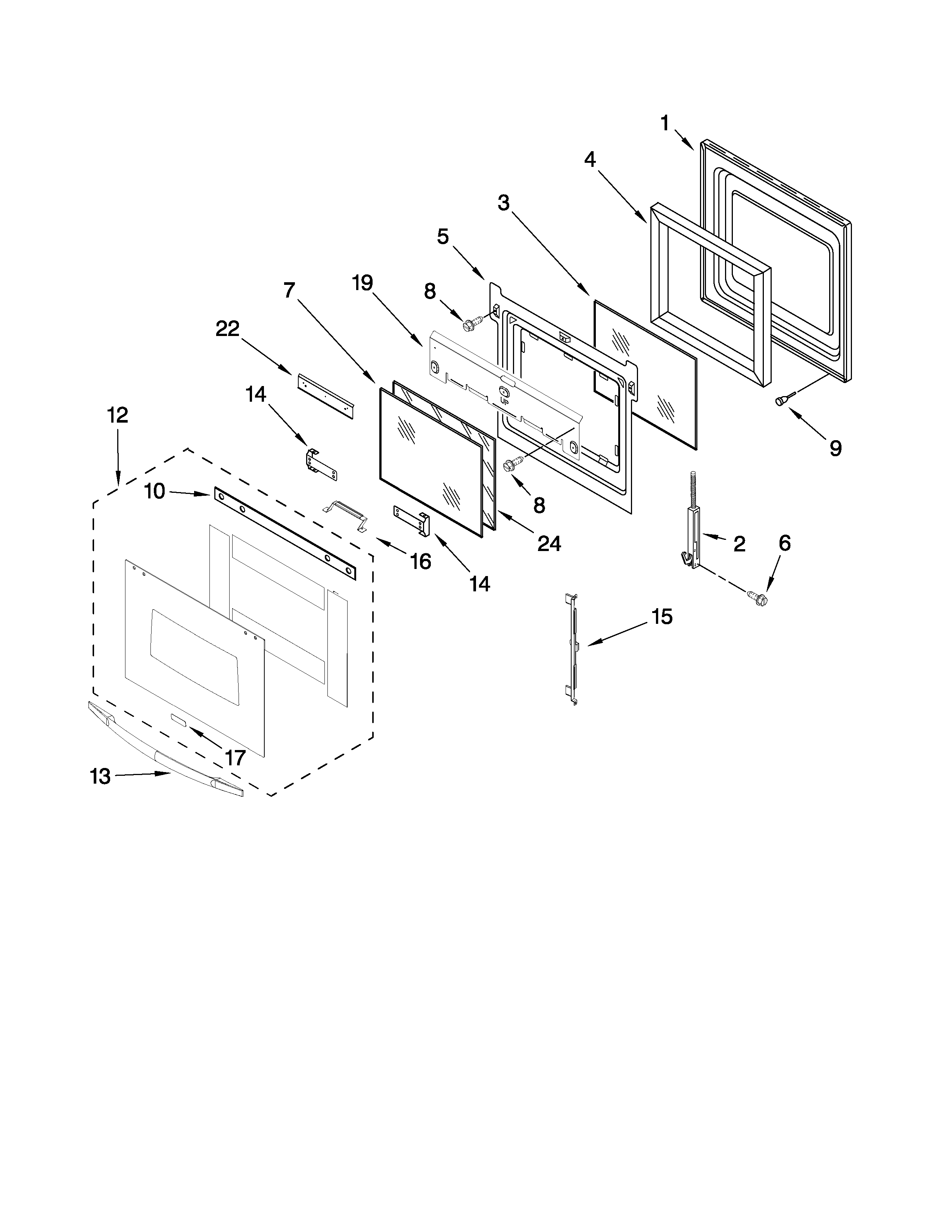 Whirlpool RBS307PVS02 oven door parts diagram
