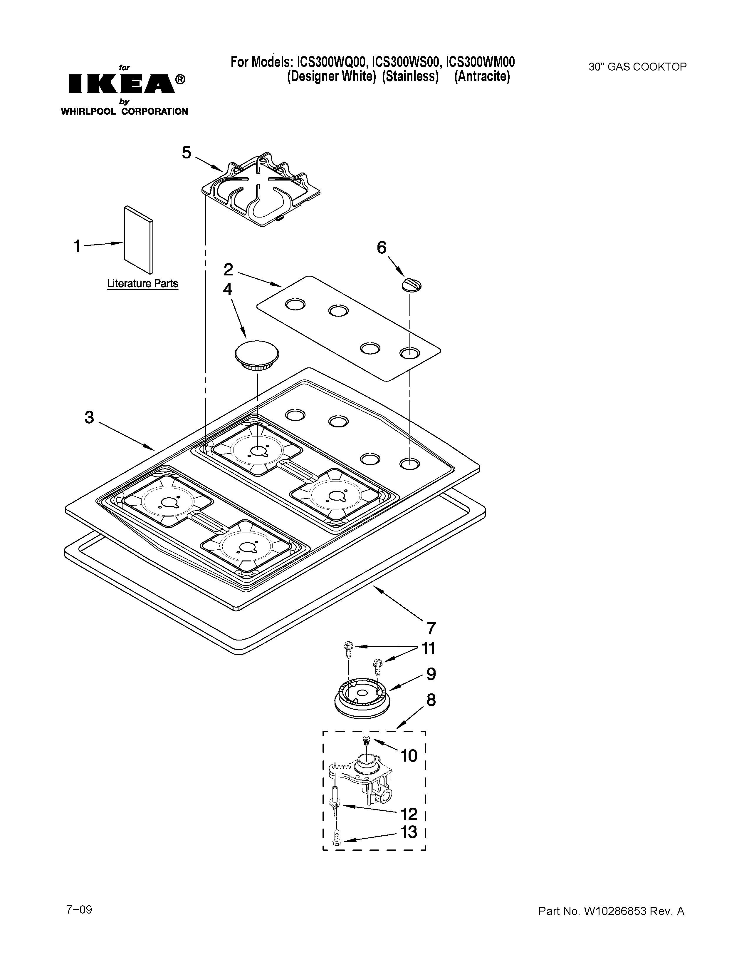 Ikea ICS300WQ00 cooktop, burner and grate parts diagram