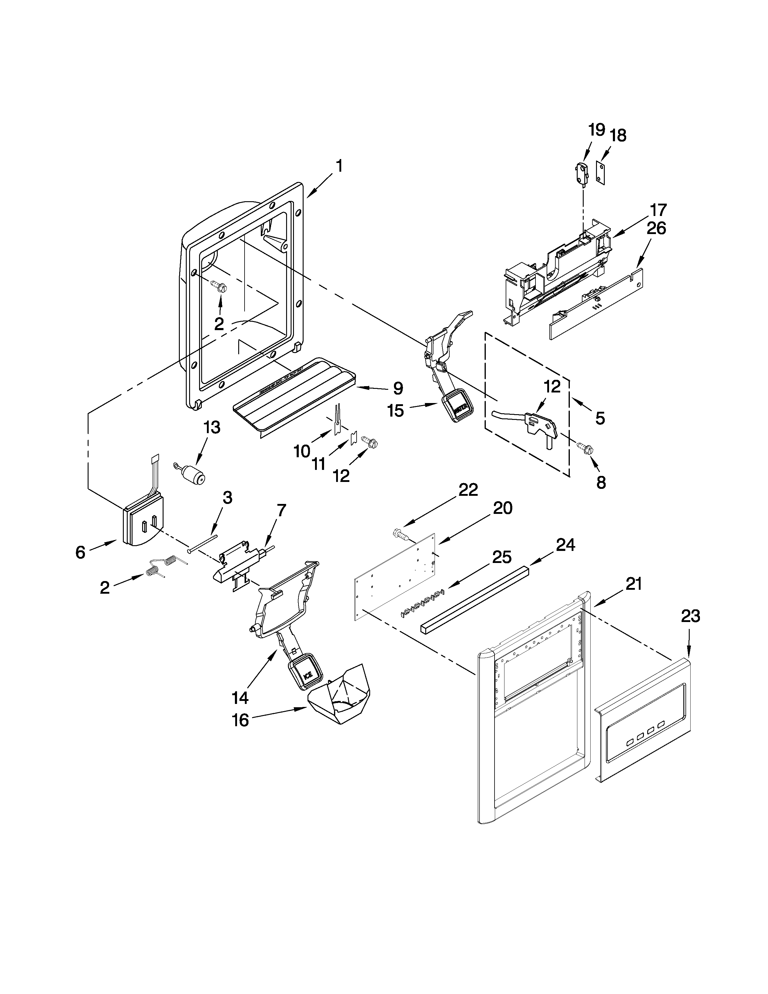 Whirlpool ES5DVAXWY01 dispenser front parts diagram