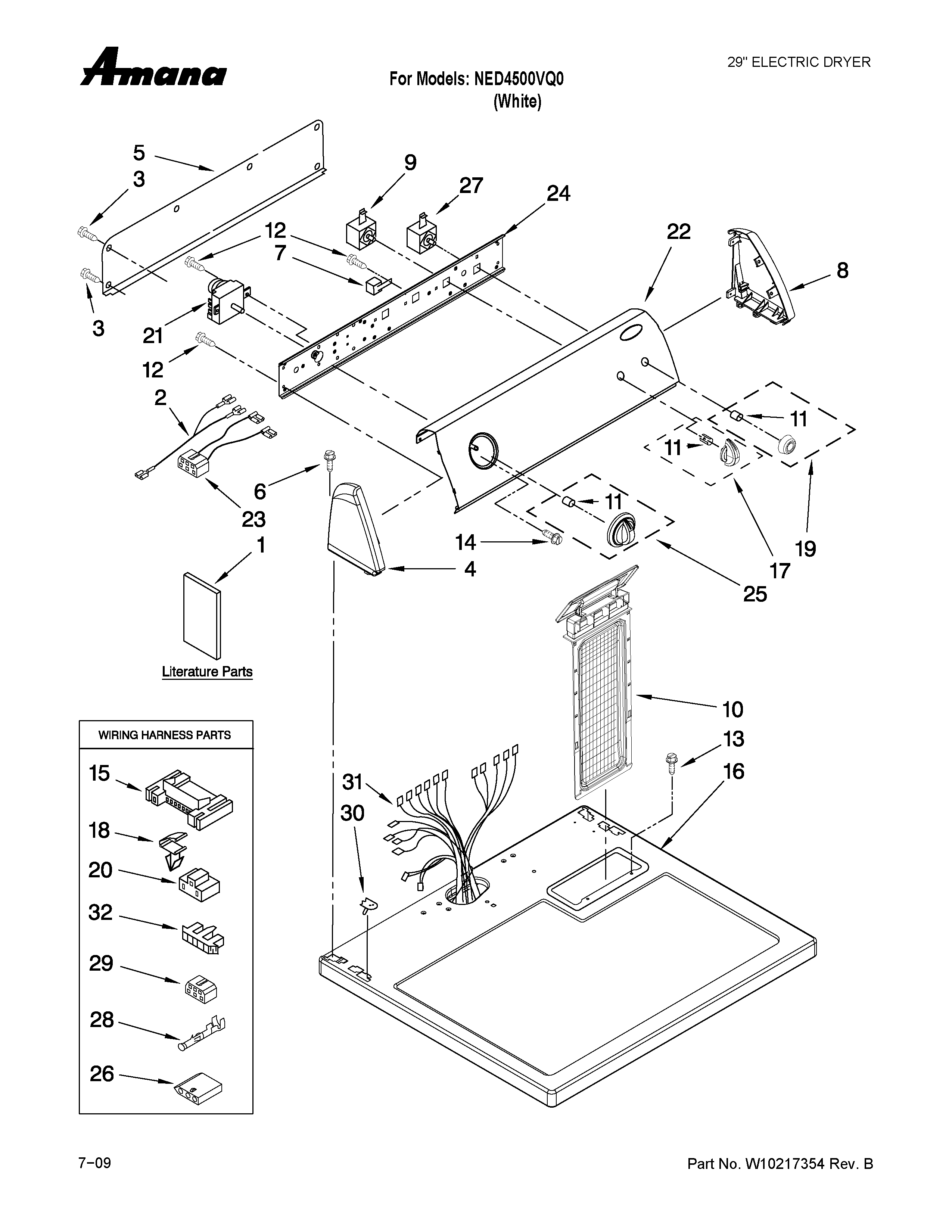 Amana NED4500VQ0 top and console parts diagram