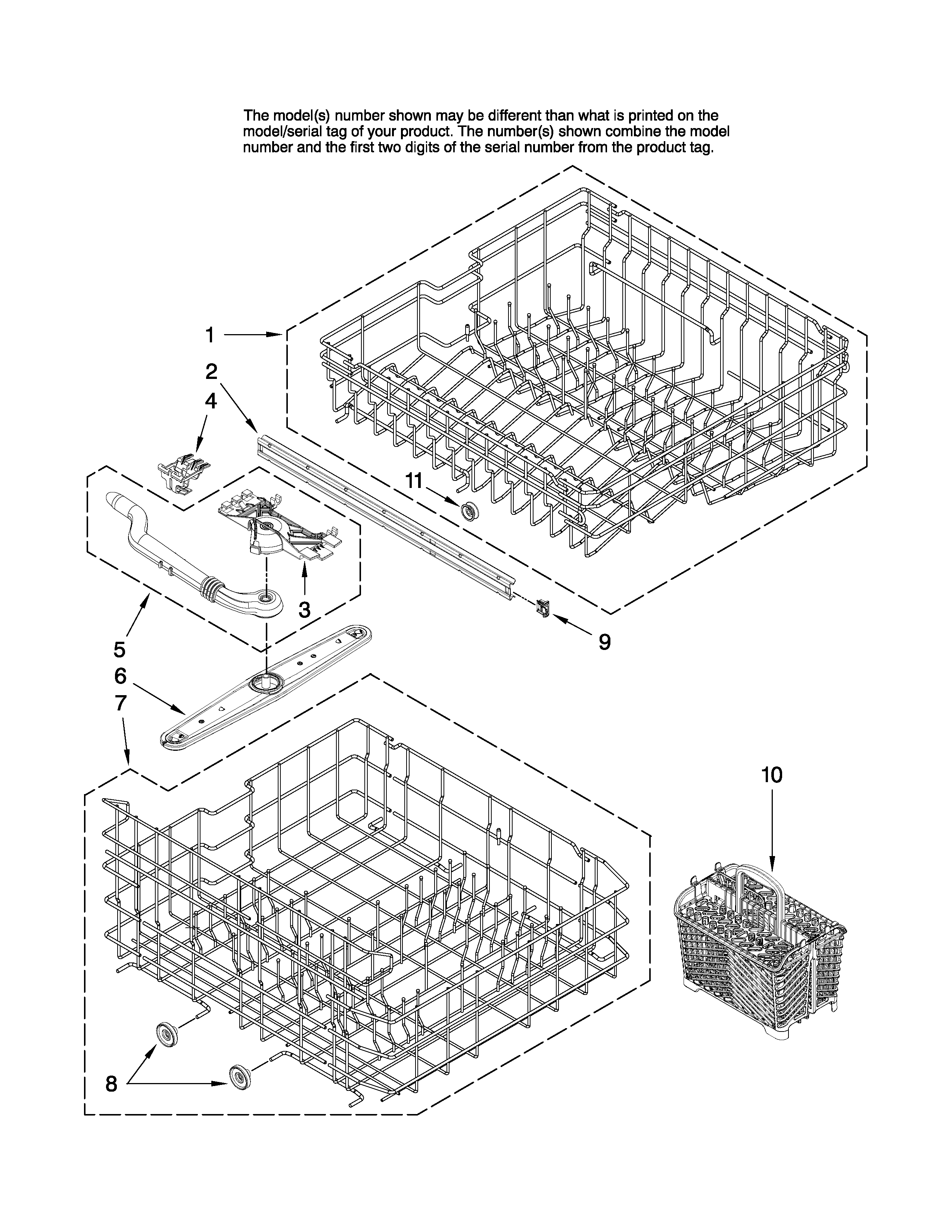 Maytag MDBH968AWS1 upper and lower rack parts diagram