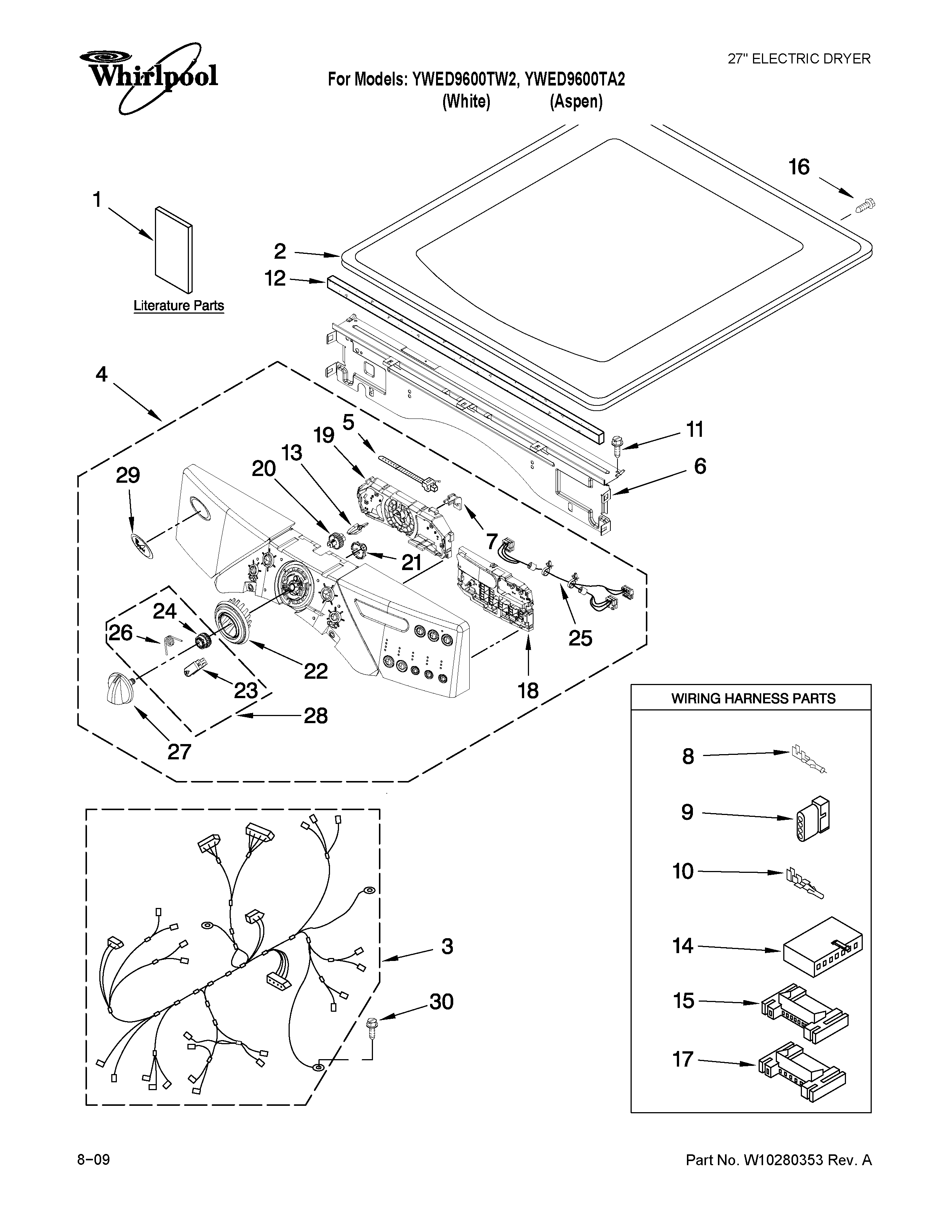 Whirlpool YWED9600TA2 top and console parts diagram