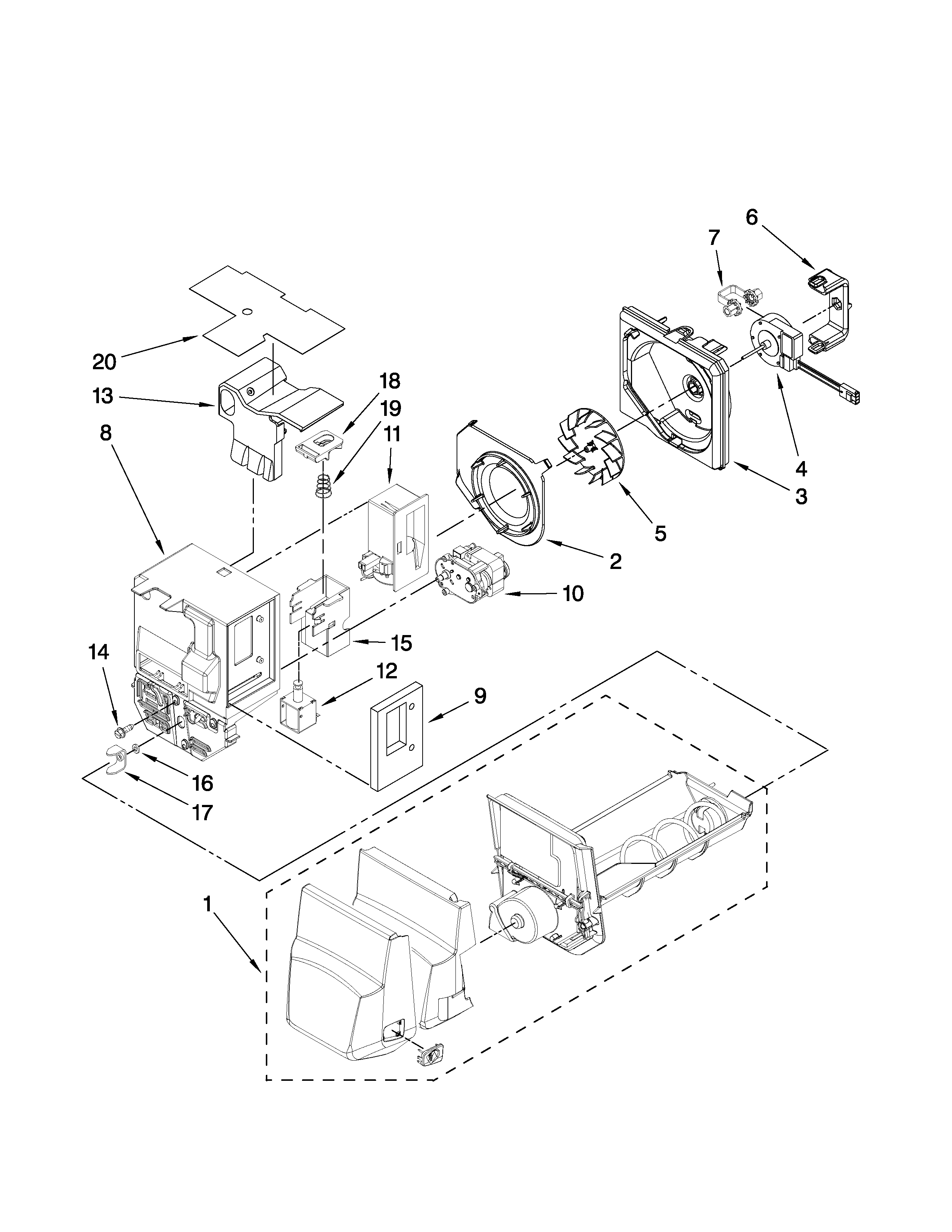 Amana AFI2538AES5 motor and ice container parts diagram
