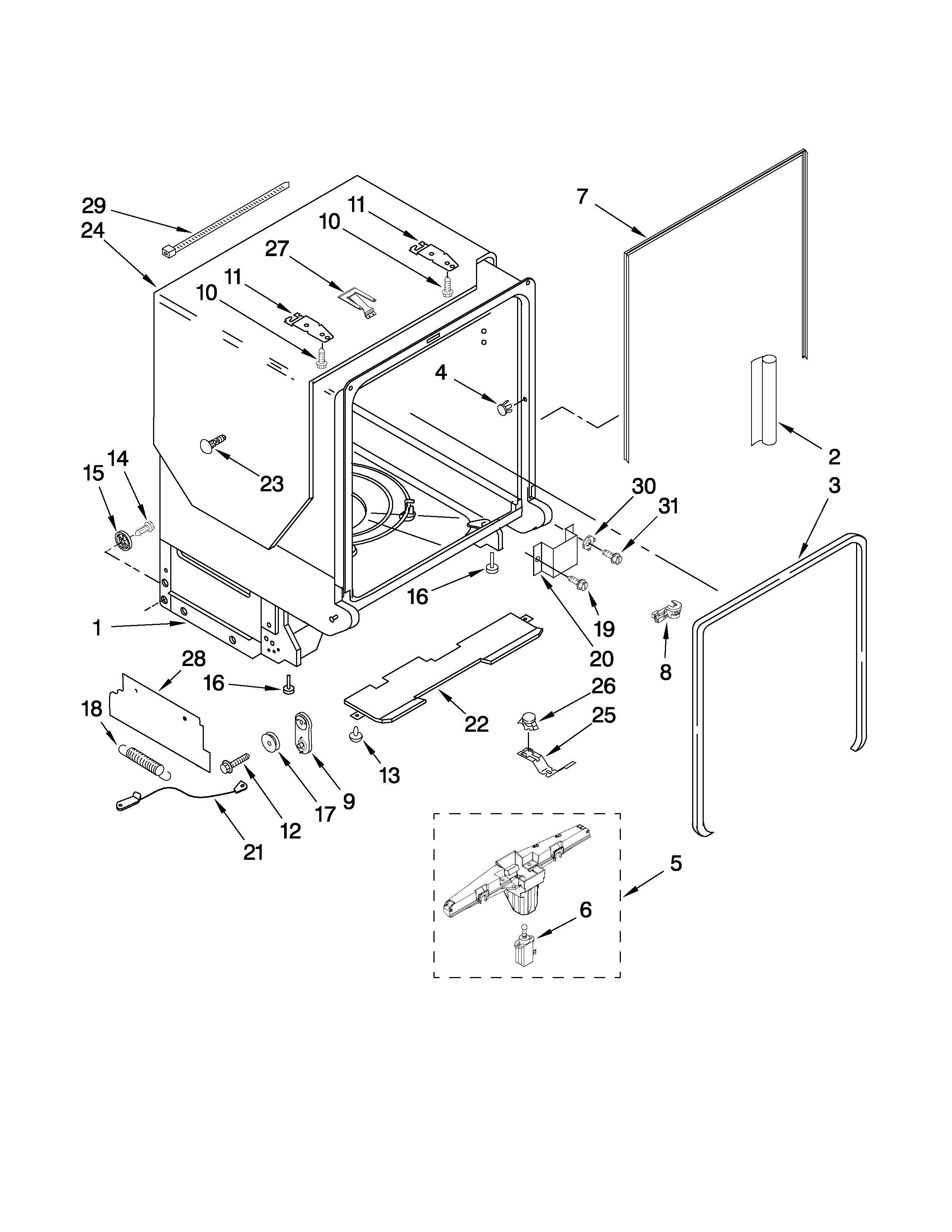 KitchenAid KUDT03FTWH1 tub and frame parts diagram