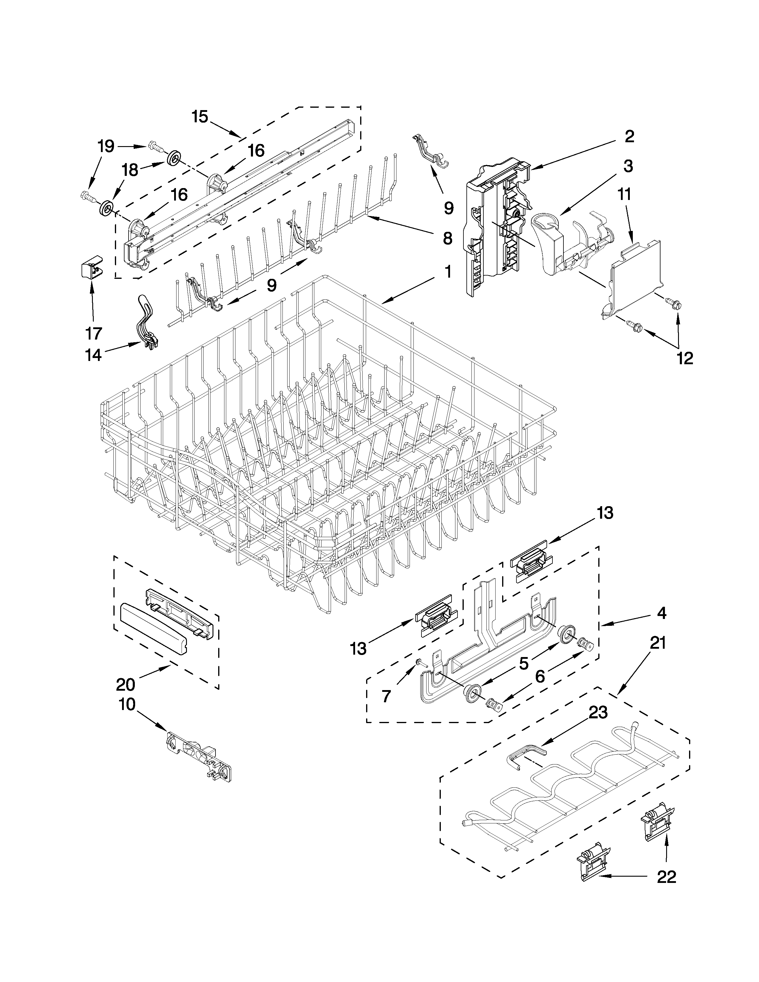 KitchenAid KUDT03FTWH1 upper rack and track parts diagram