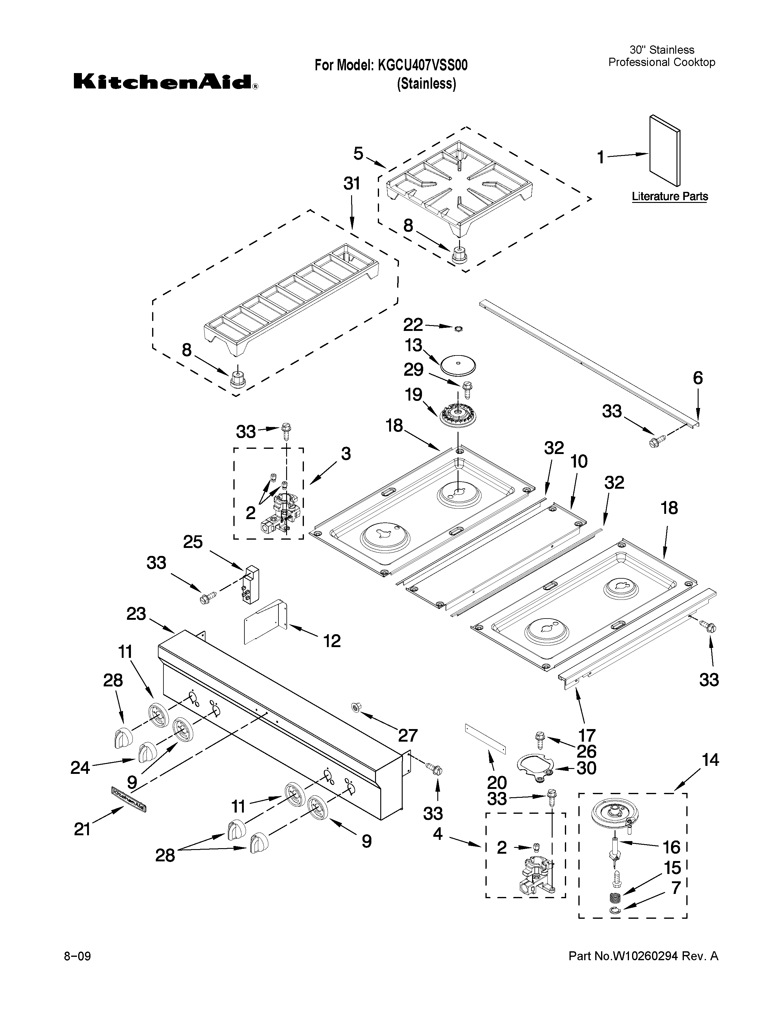 KitchenAid KGCU407VSS00 cooktop, burner and grate parts diagram