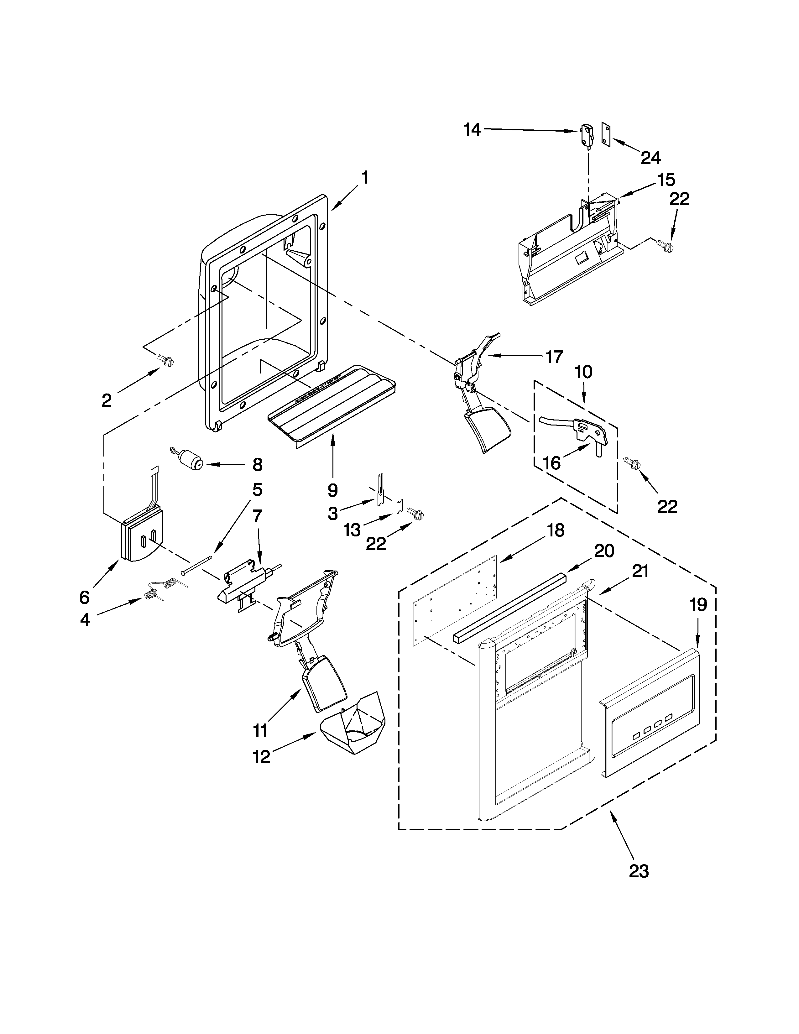 Whirlpool BRS62BBBNA00 dispenser front parts diagram