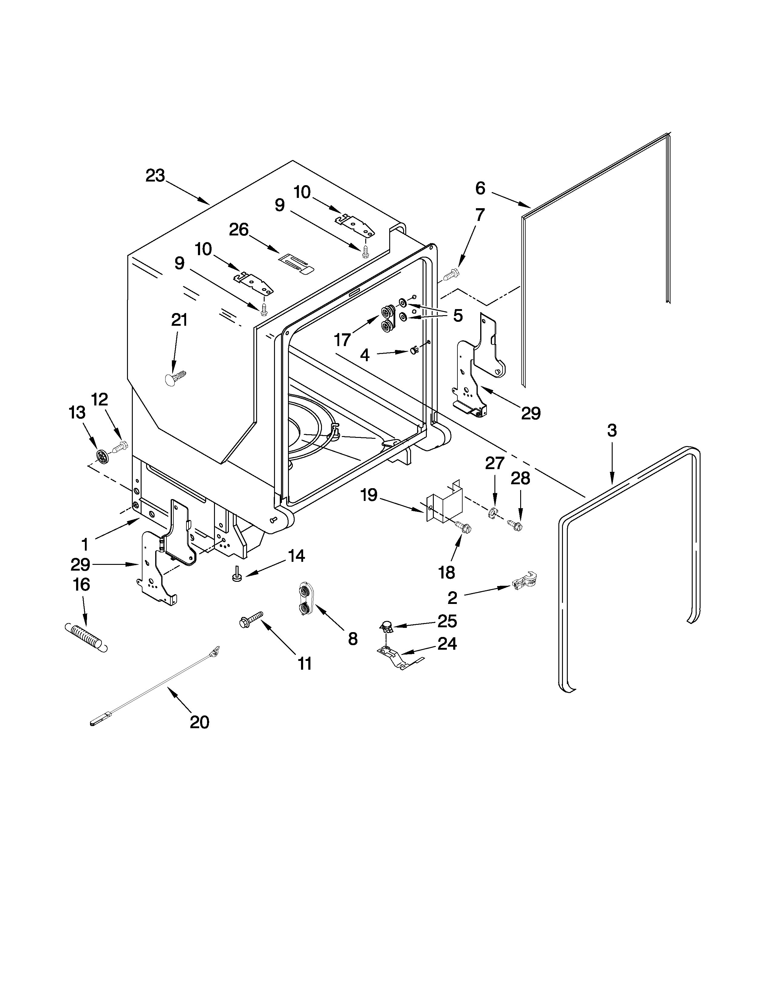 Maytag MDBH979AWS2 tub and frame parts diagram
