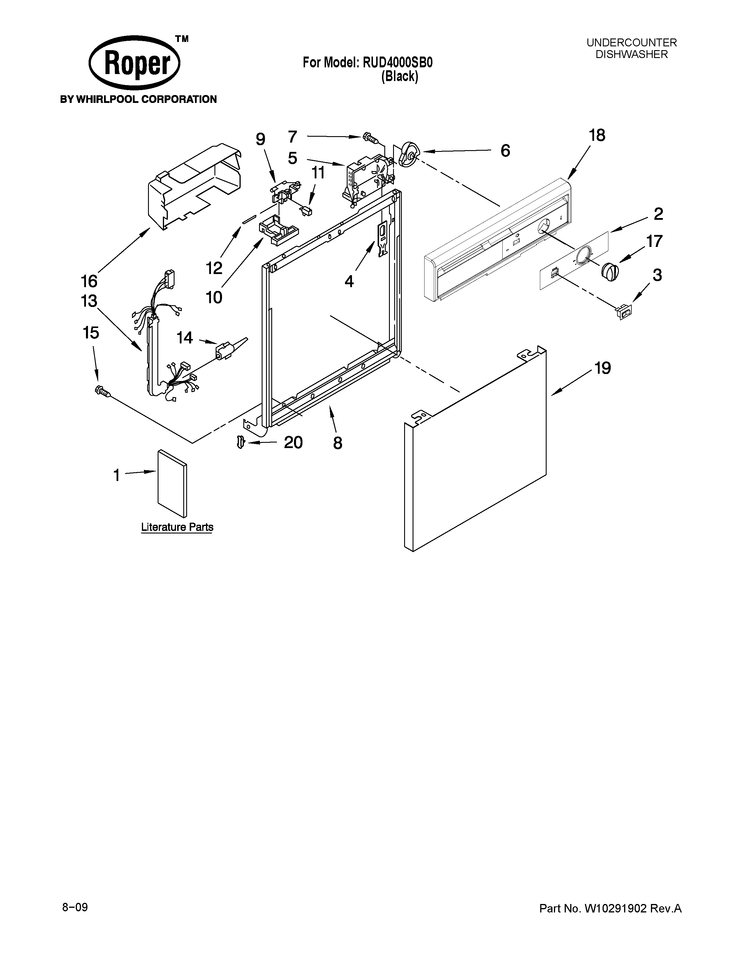 Roper RUD4000SB0 frame and console parts diagram