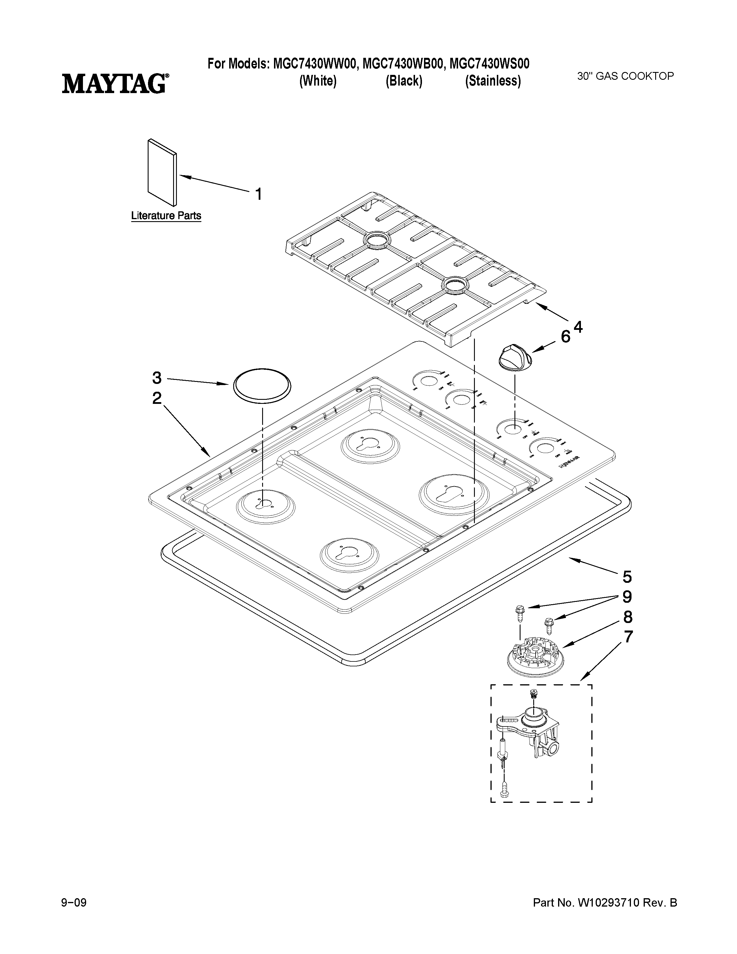 Maytag MGC7430WS00 cooktop, burner and grate parts diagram