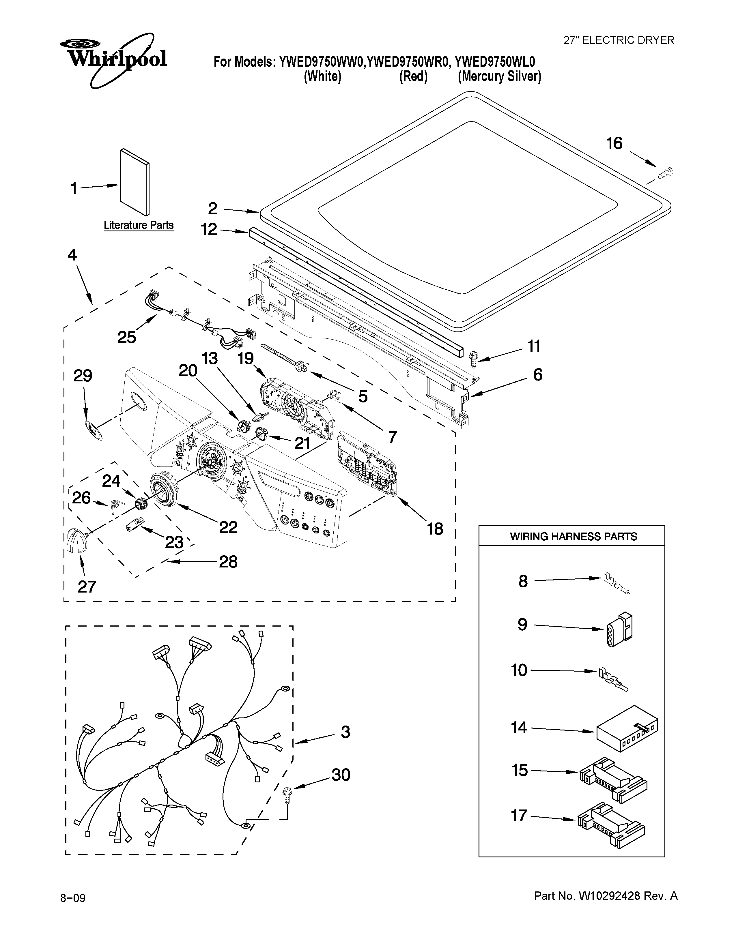 Whirlpool YWED9750WR0 top and console parts diagram