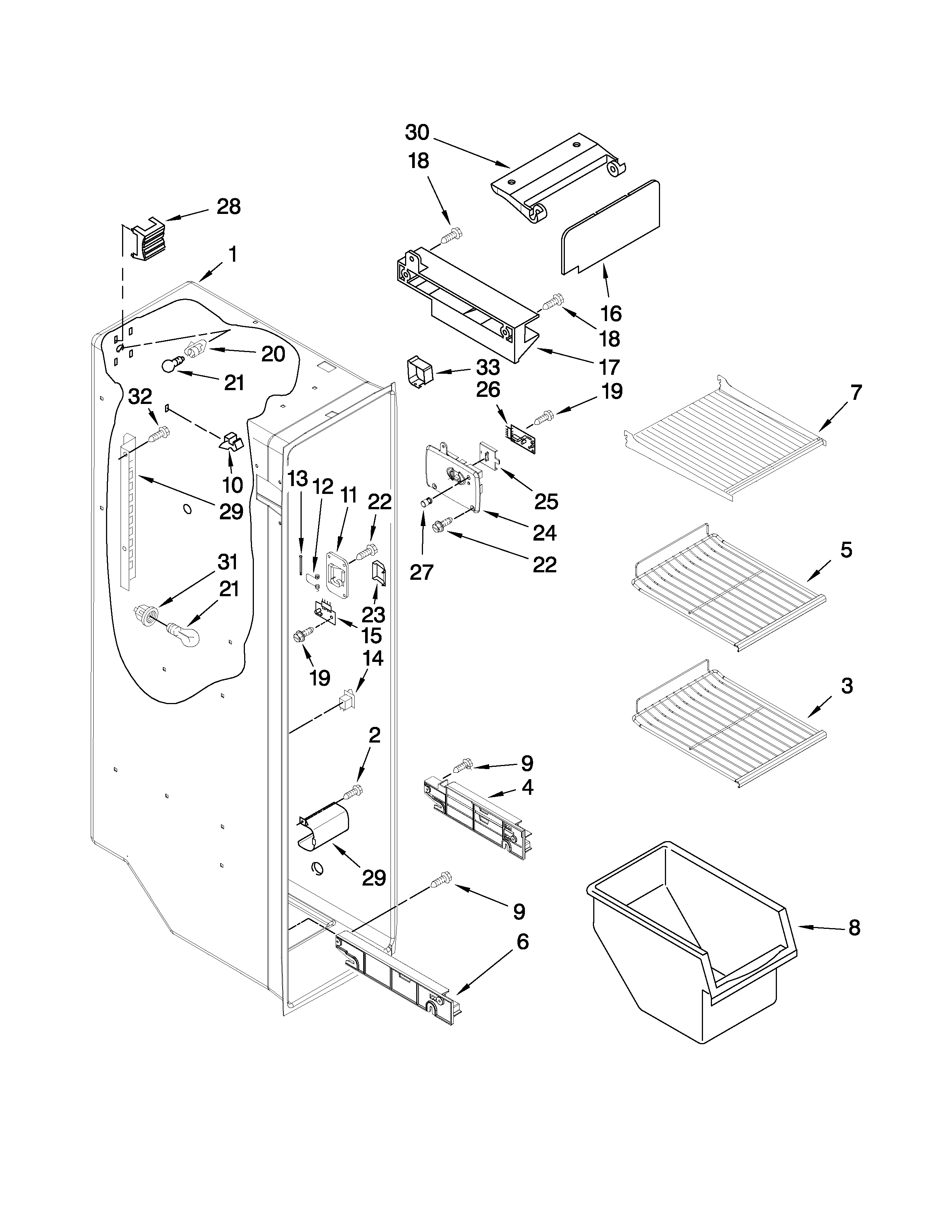 KitchenAid KSRG25FVWH02 freezer liner parts diagram