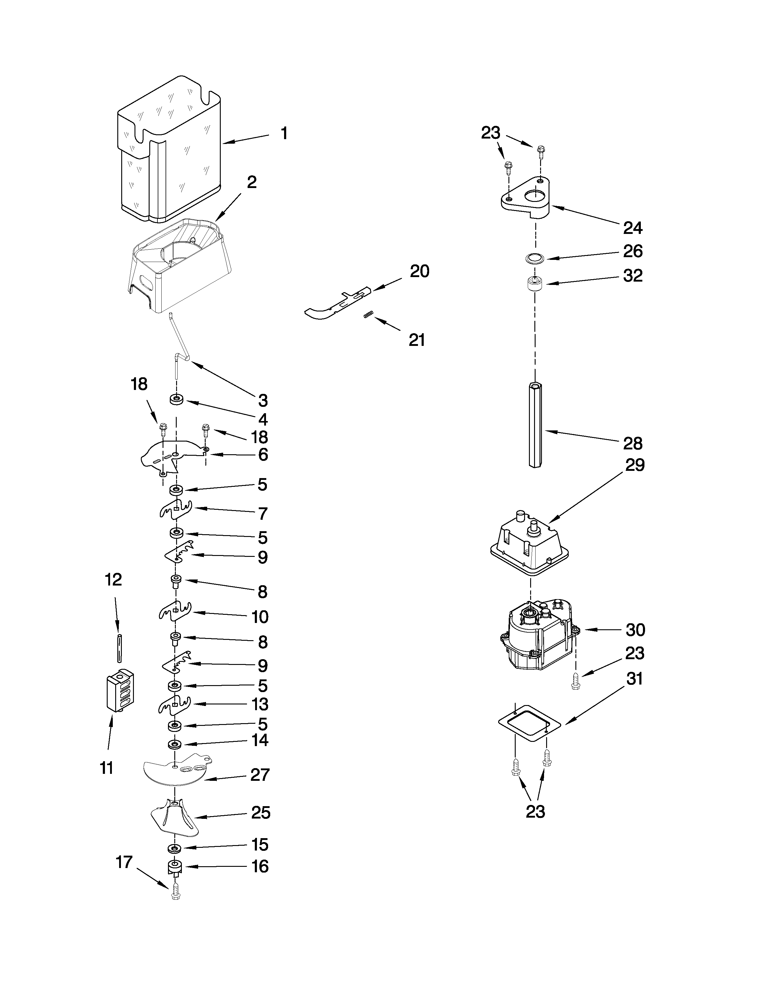 KitchenAid KSRG25FVWH02 motor and ice container parts diagram