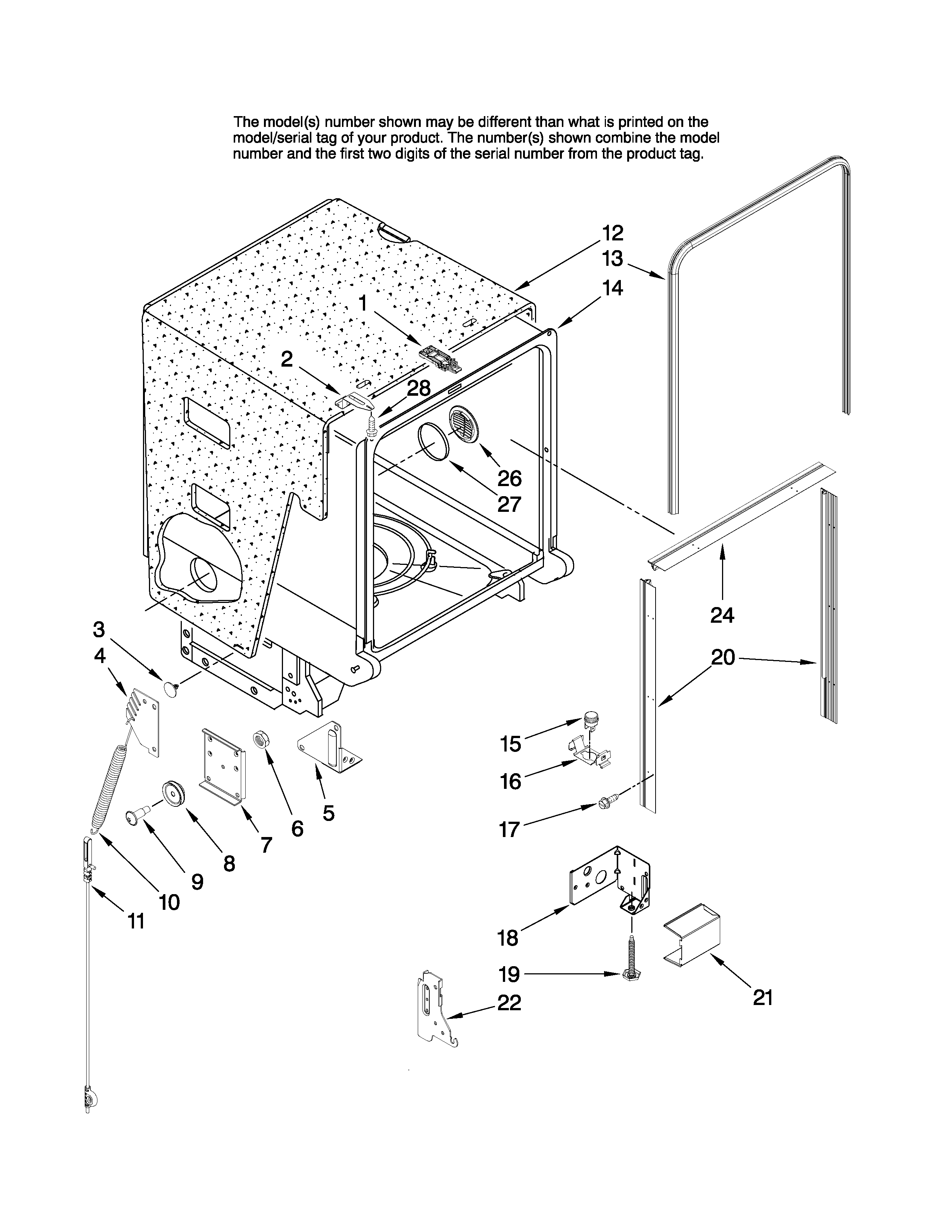 Maytag MDB6701AWQ3 tub and frame parts diagram