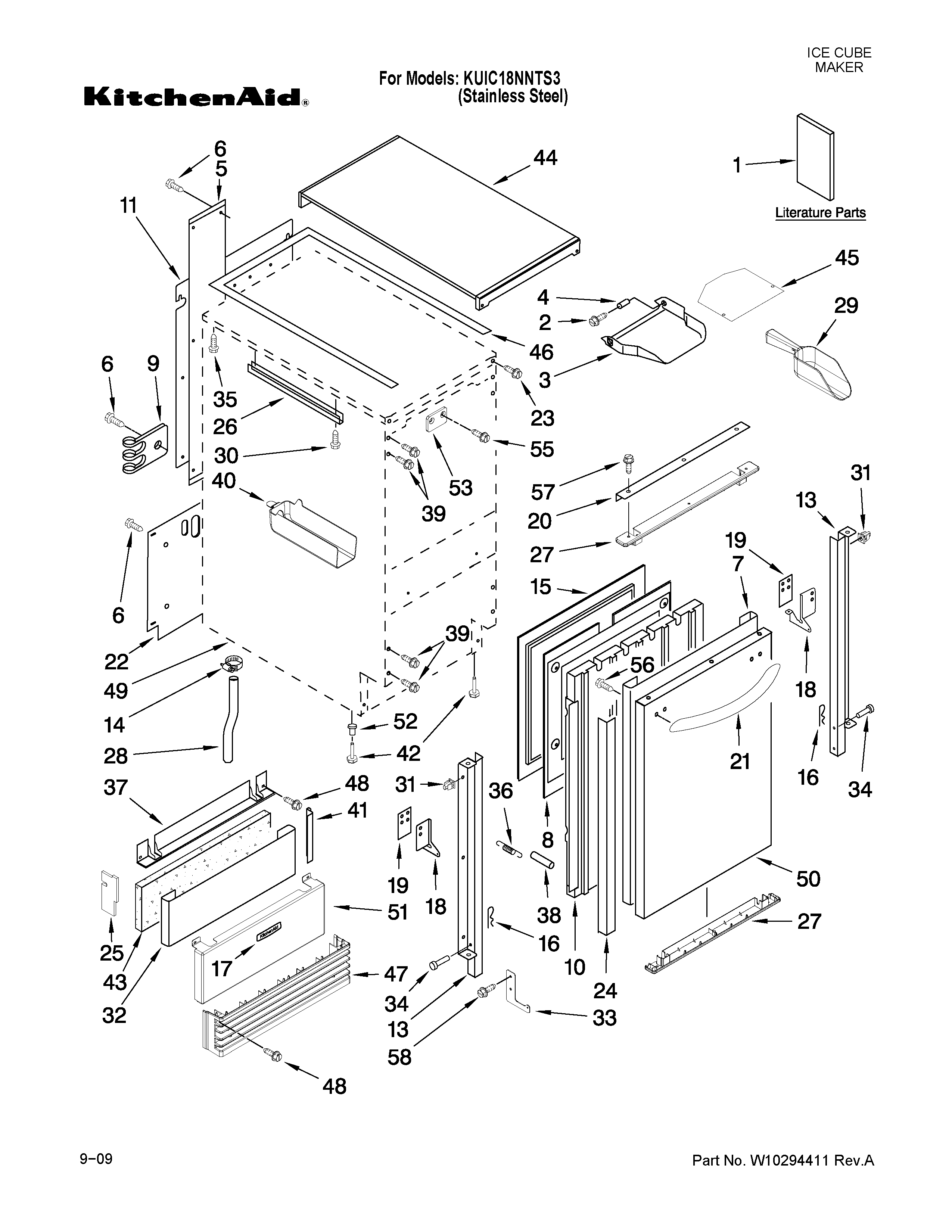 KitchenAid KUIC18NNTS3 cabinet liner and door parts diagram