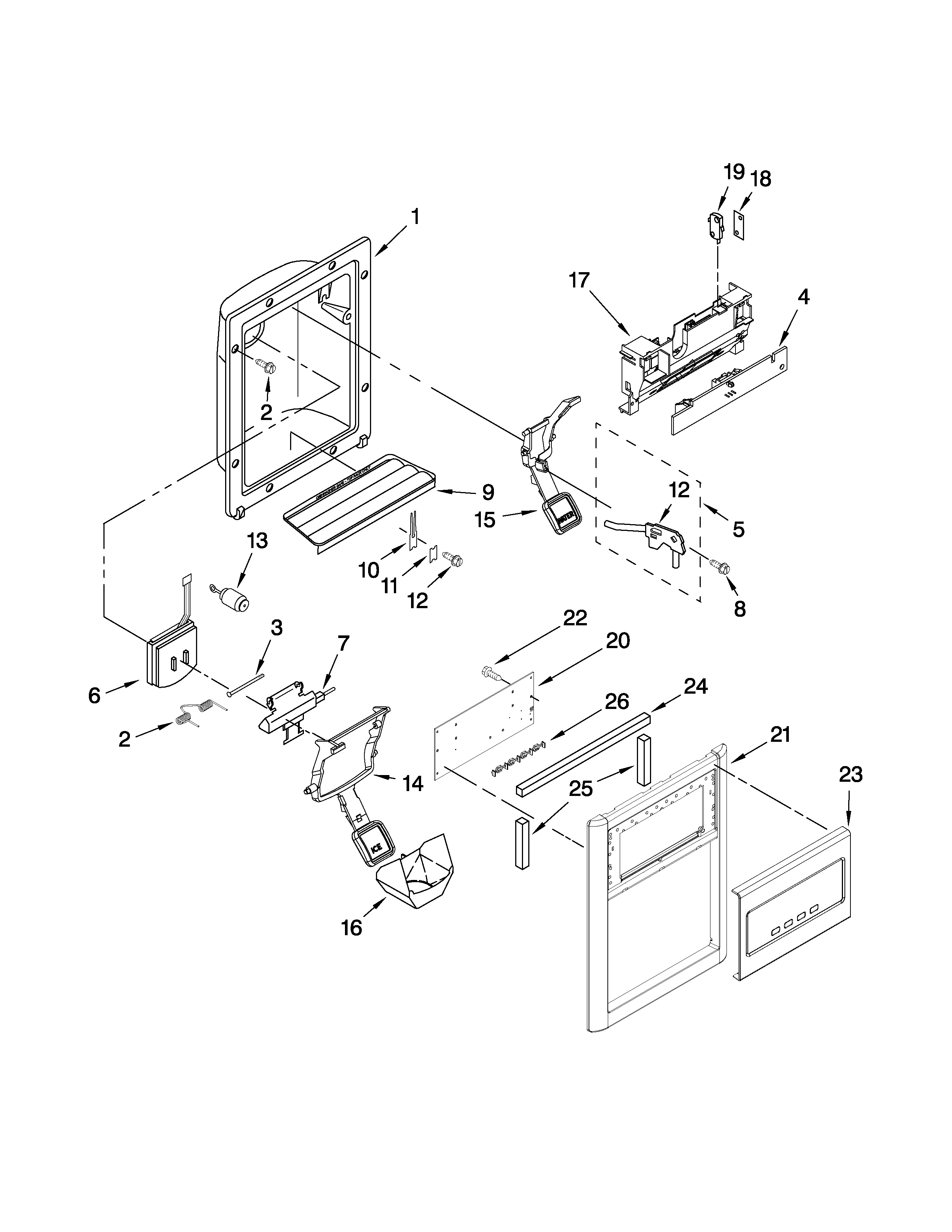 Whirlpool GD5DHAXVY05 dispenser front parts diagram