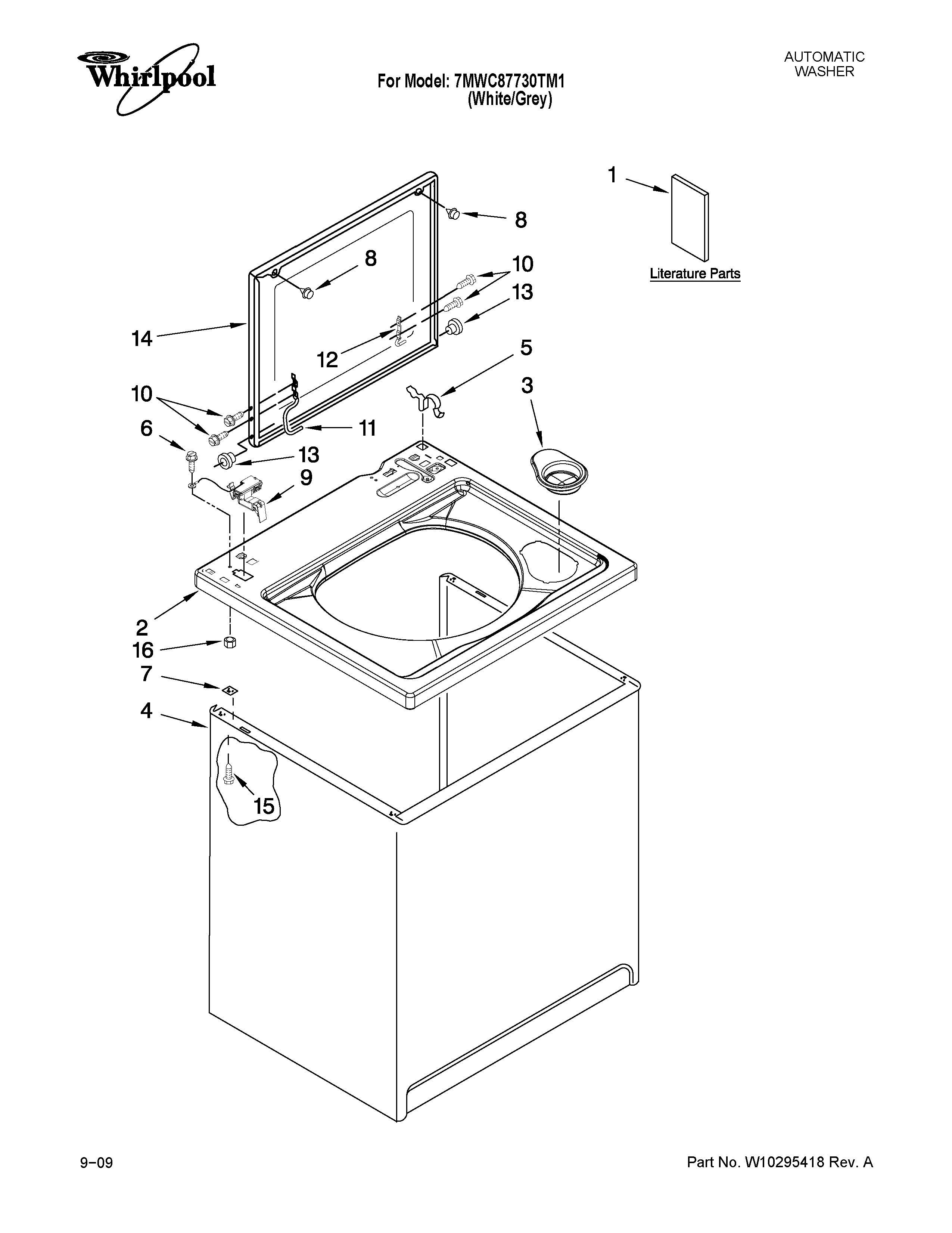 Whirlpool 7MWC87730TM1 top and cabinet parts diagram