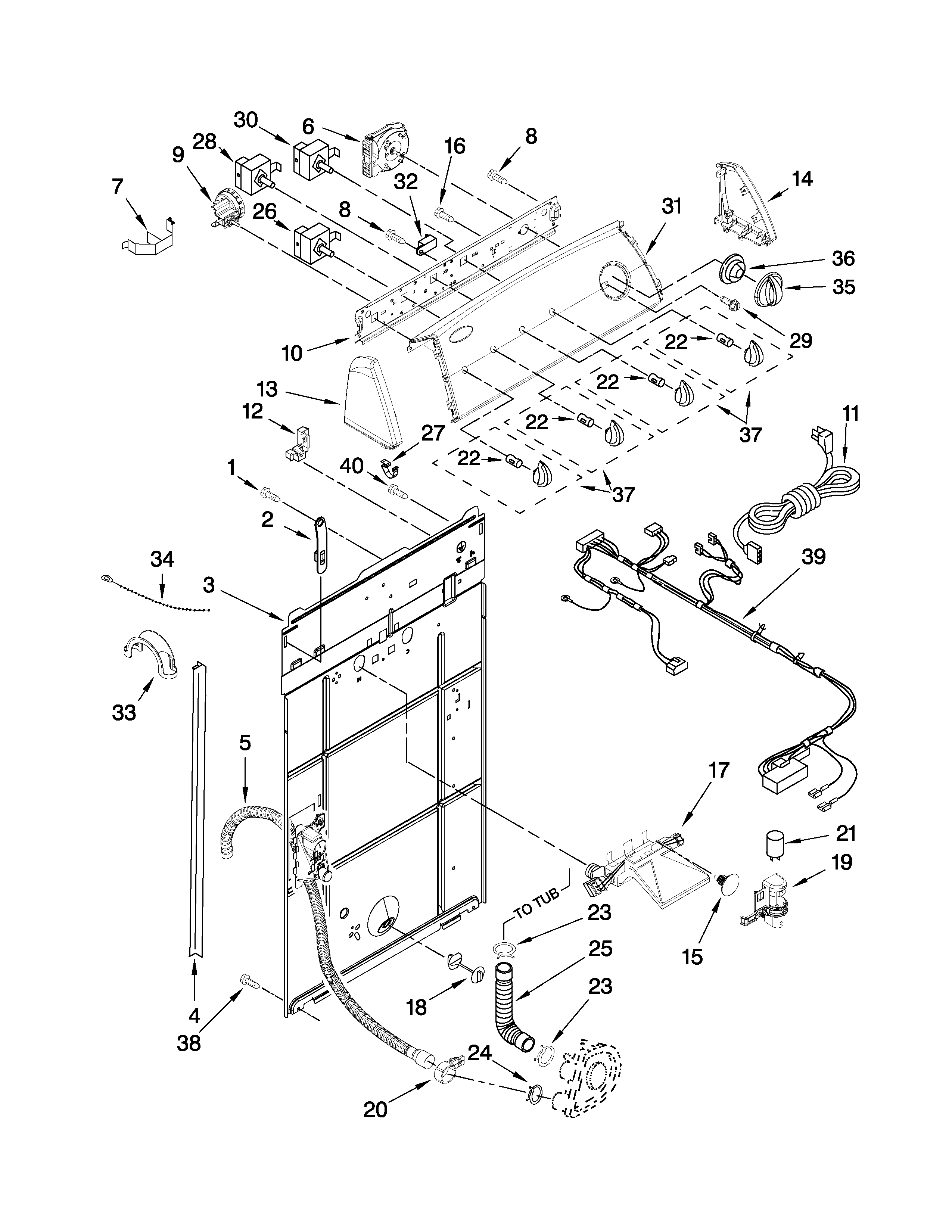 Whirlpool 7MWC87730TM1 controls and rear panel parts diagram