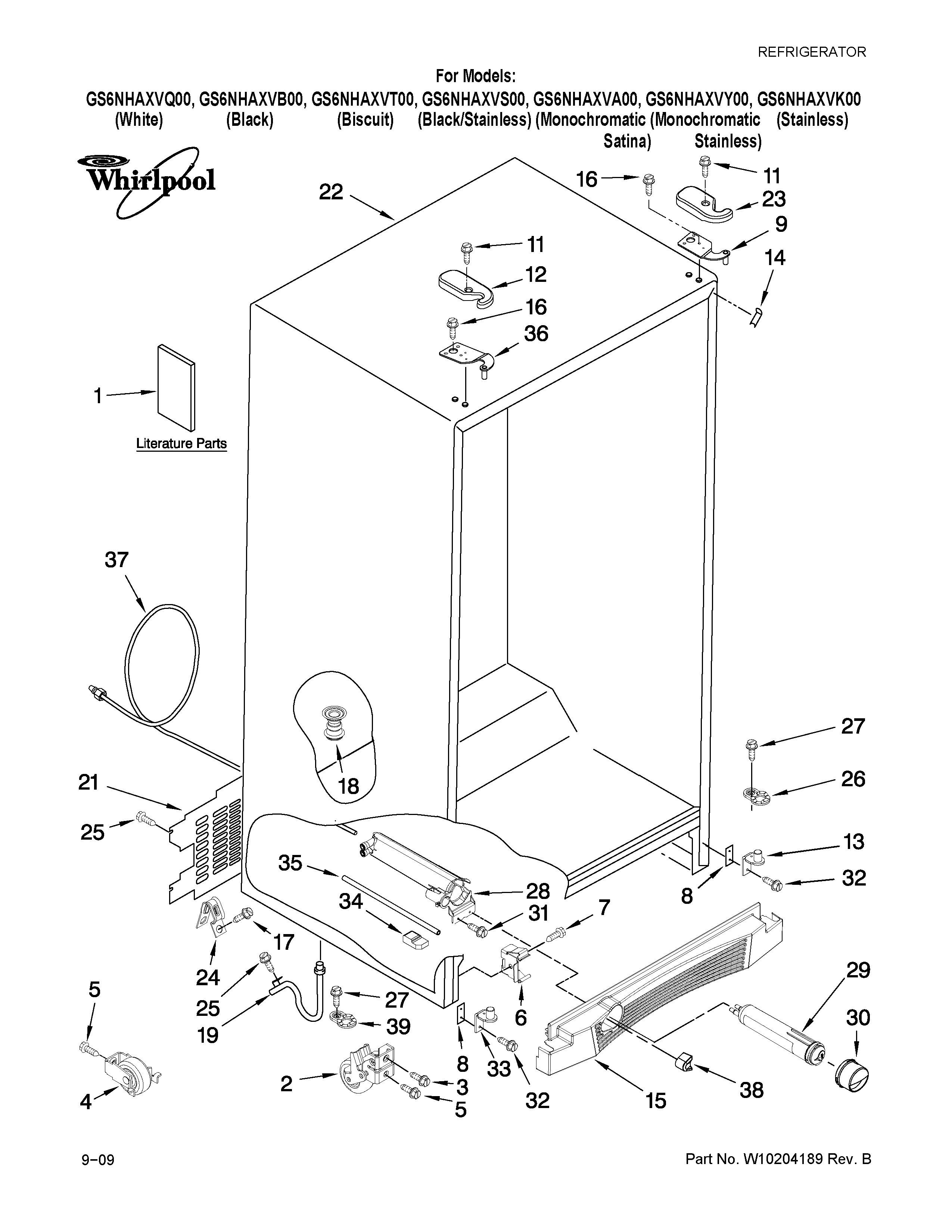 Whirlpool GS6NHAXVY00 cabinet parts diagram