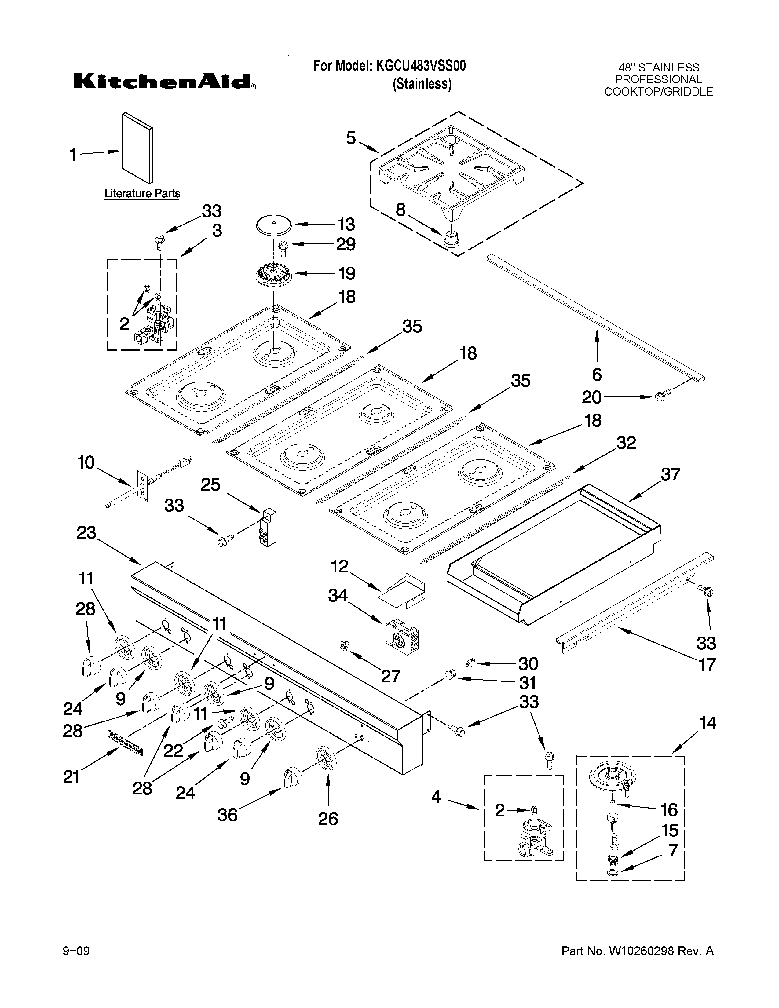 KitchenAid KGCU483VSS00 cooktop, burner and grate parts diagram
