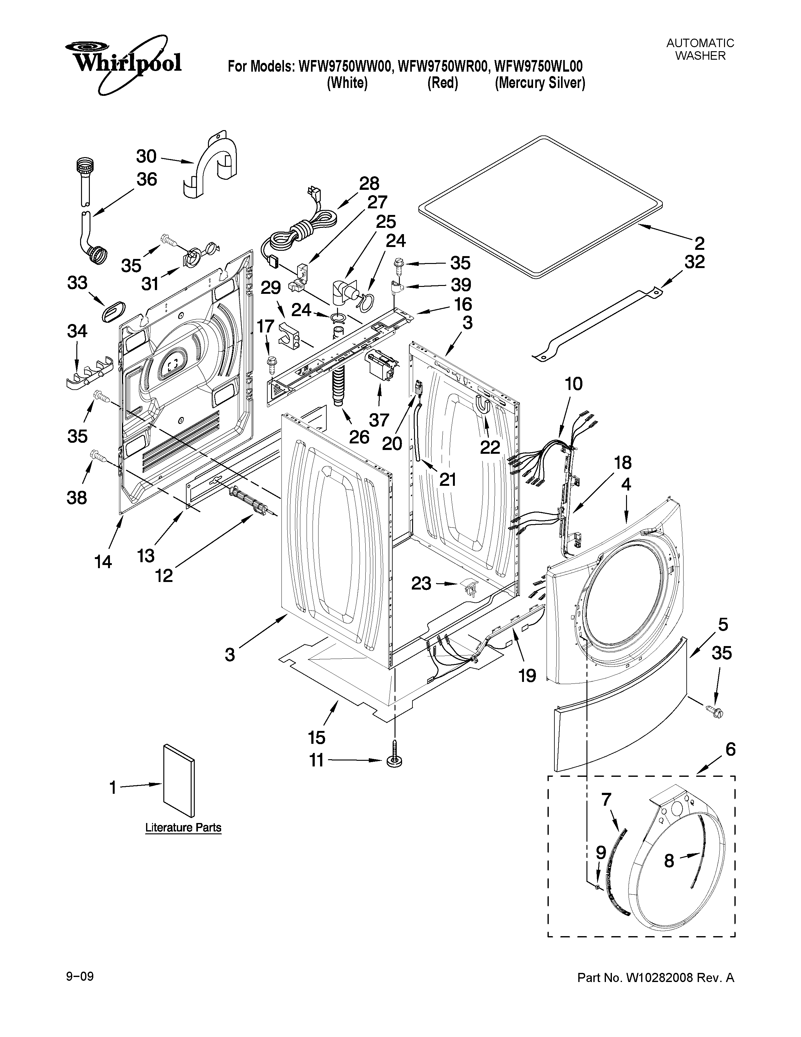 Whirlpool WFW9750WR00 top and cabinet parts diagram