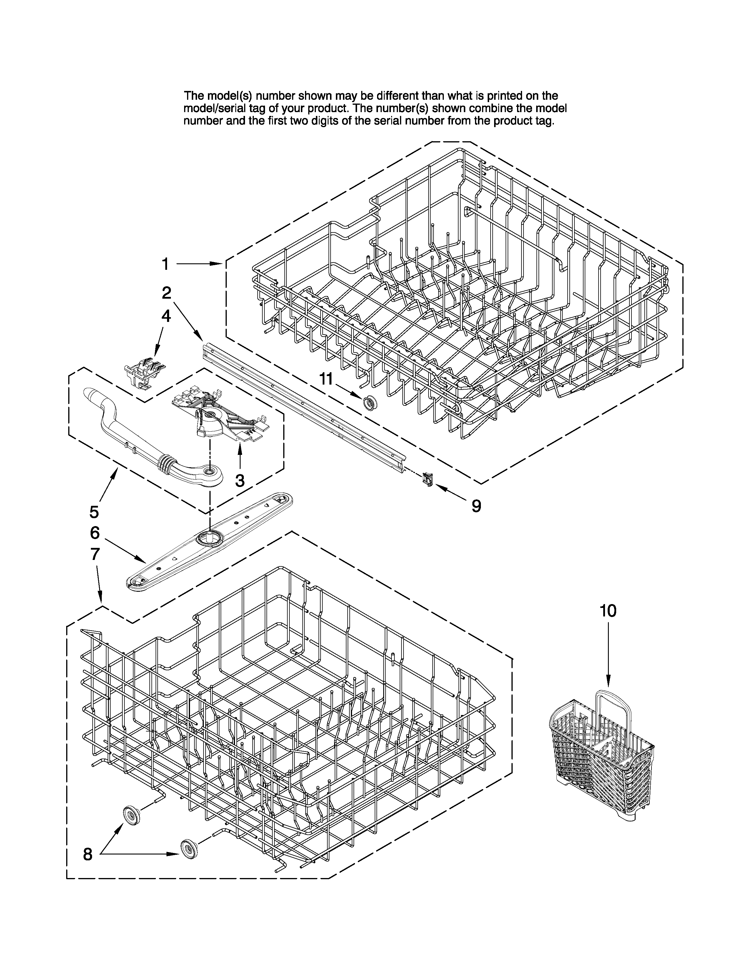 Maytag MDBH968AWB3 upper and lower rack parts diagram