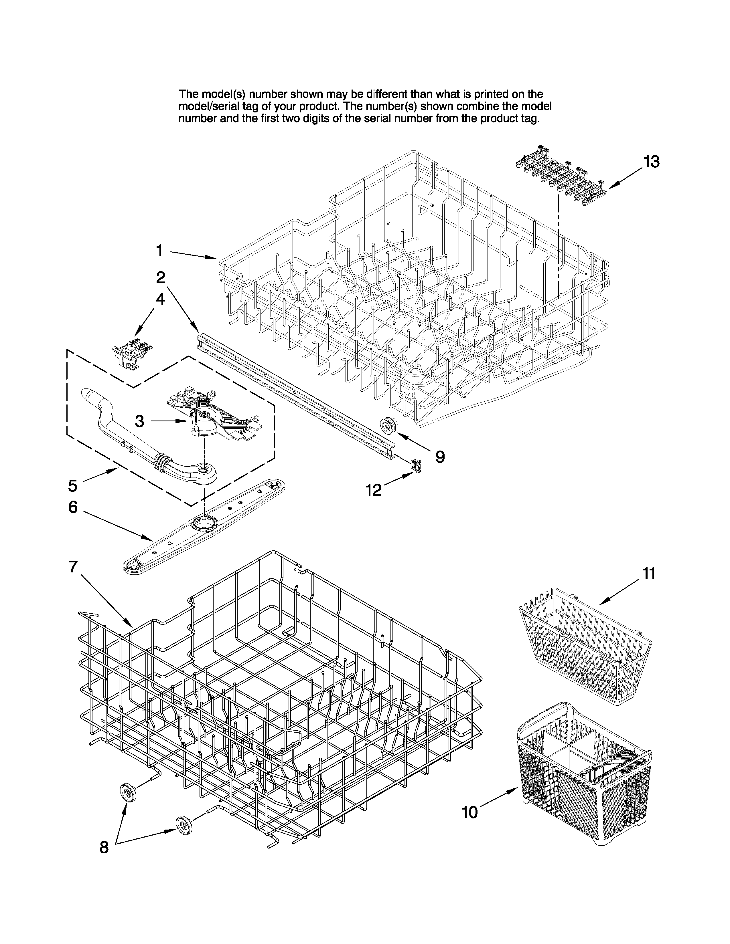 Maytag MDBM601AWQ1 upper and lower rack parts diagram