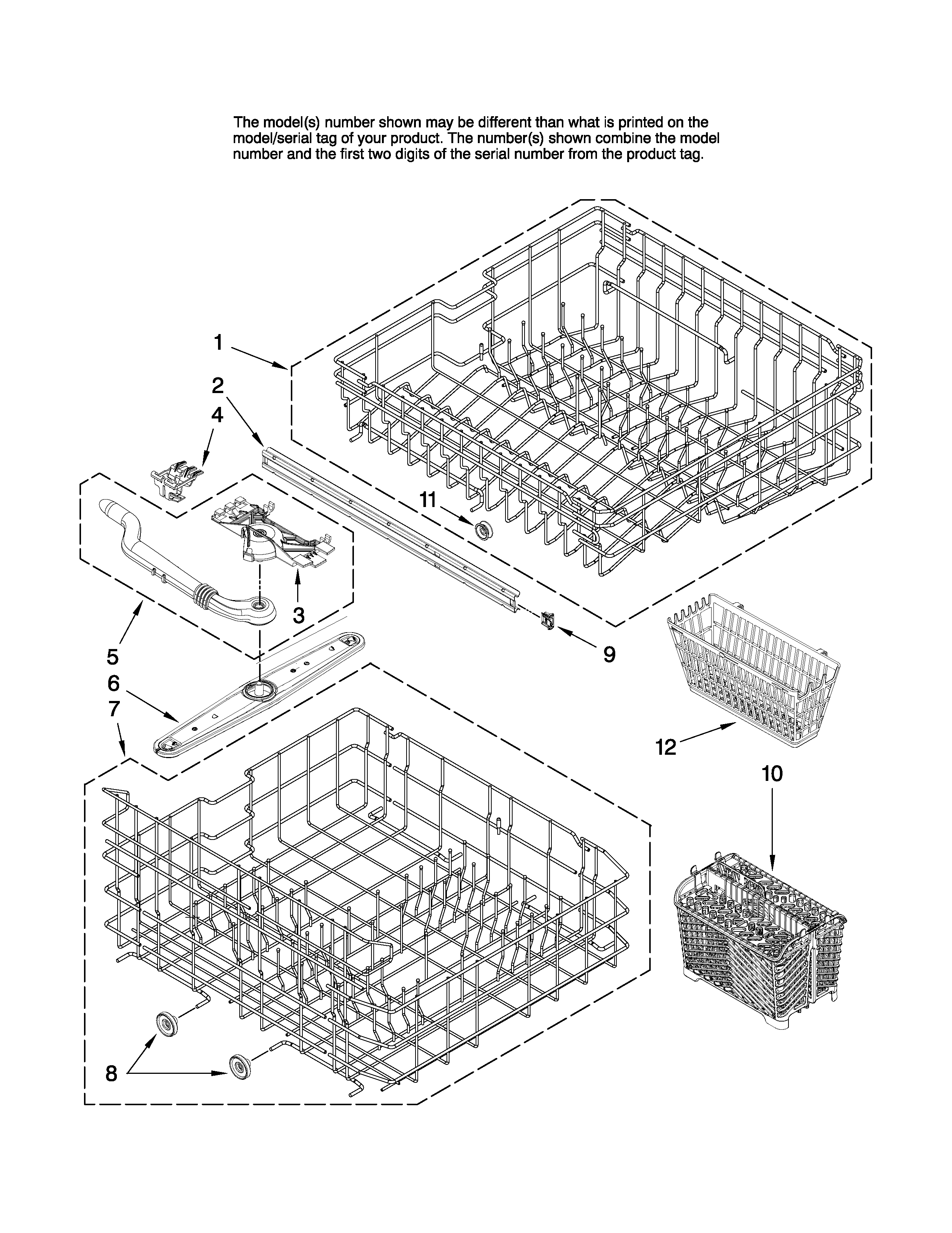 Maytag MDBH955AWQ2 upper and lower rack parts diagram