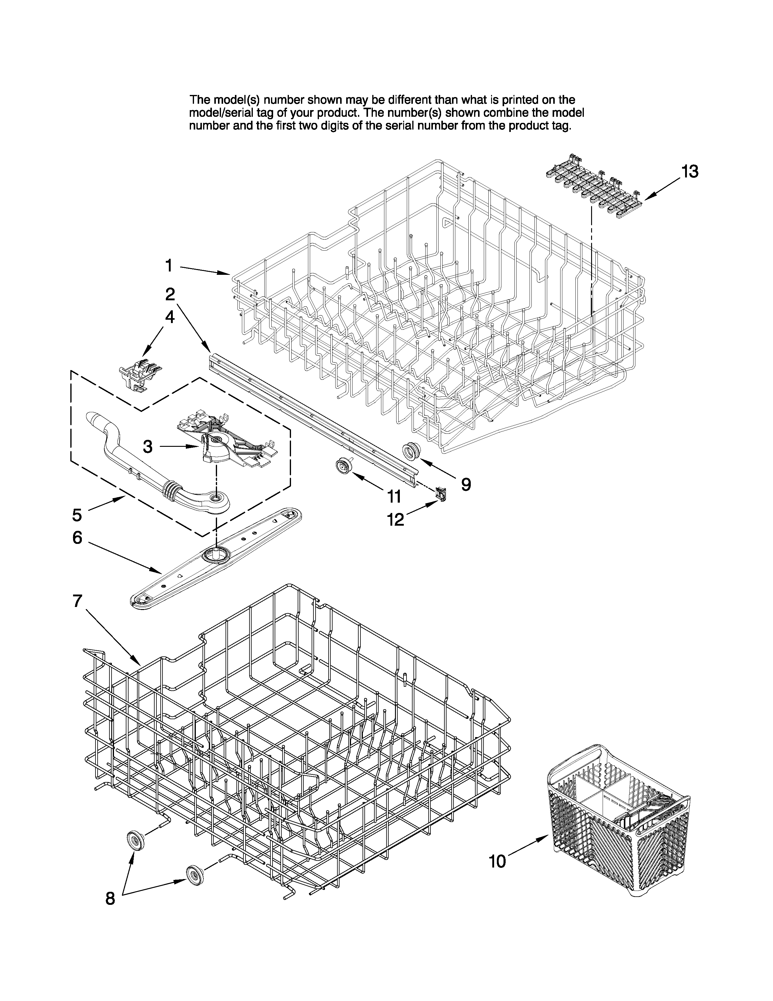 Maytag MDBS561AWW3 upper and lower rack parts diagram