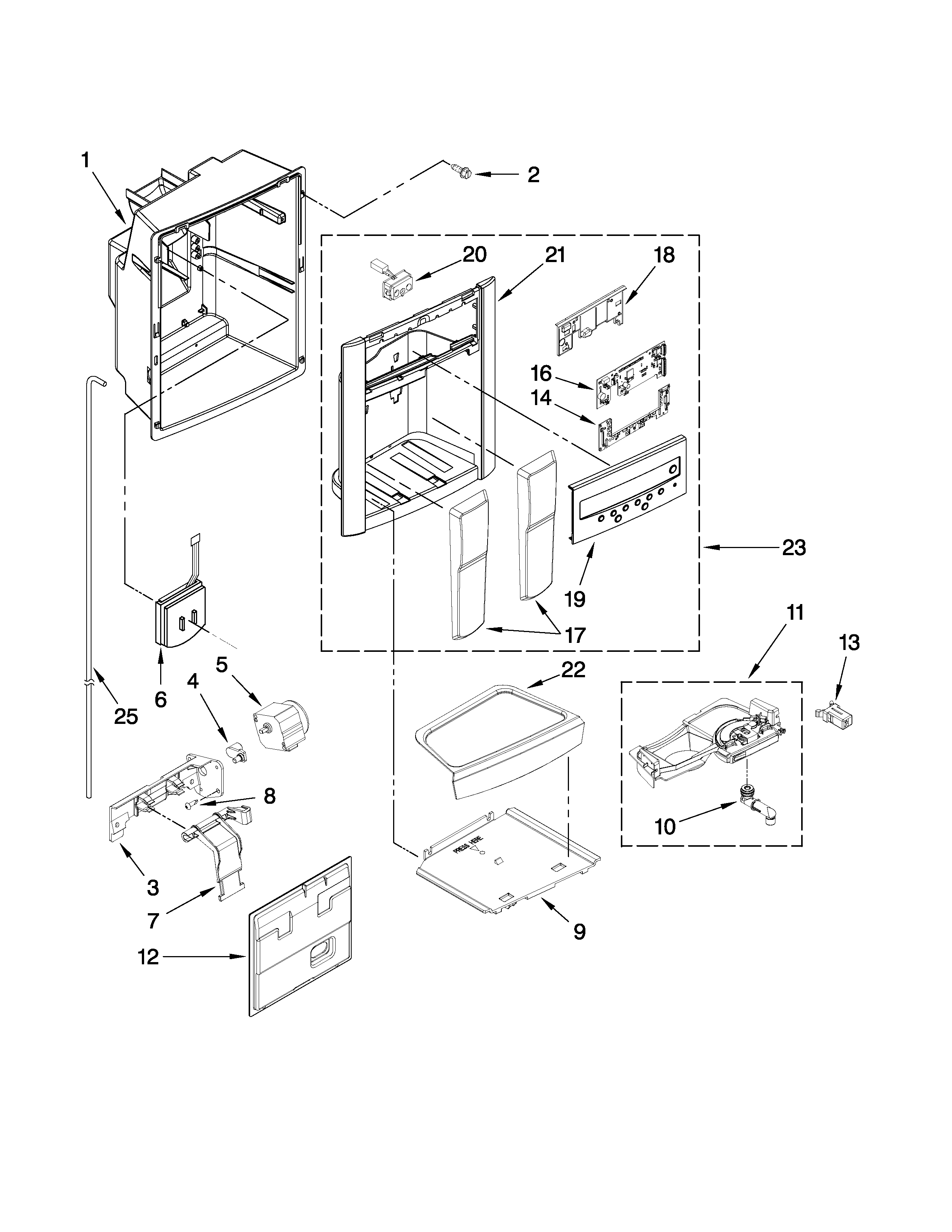 Whirlpool GS6NHAXVY03 dispenser front parts diagram