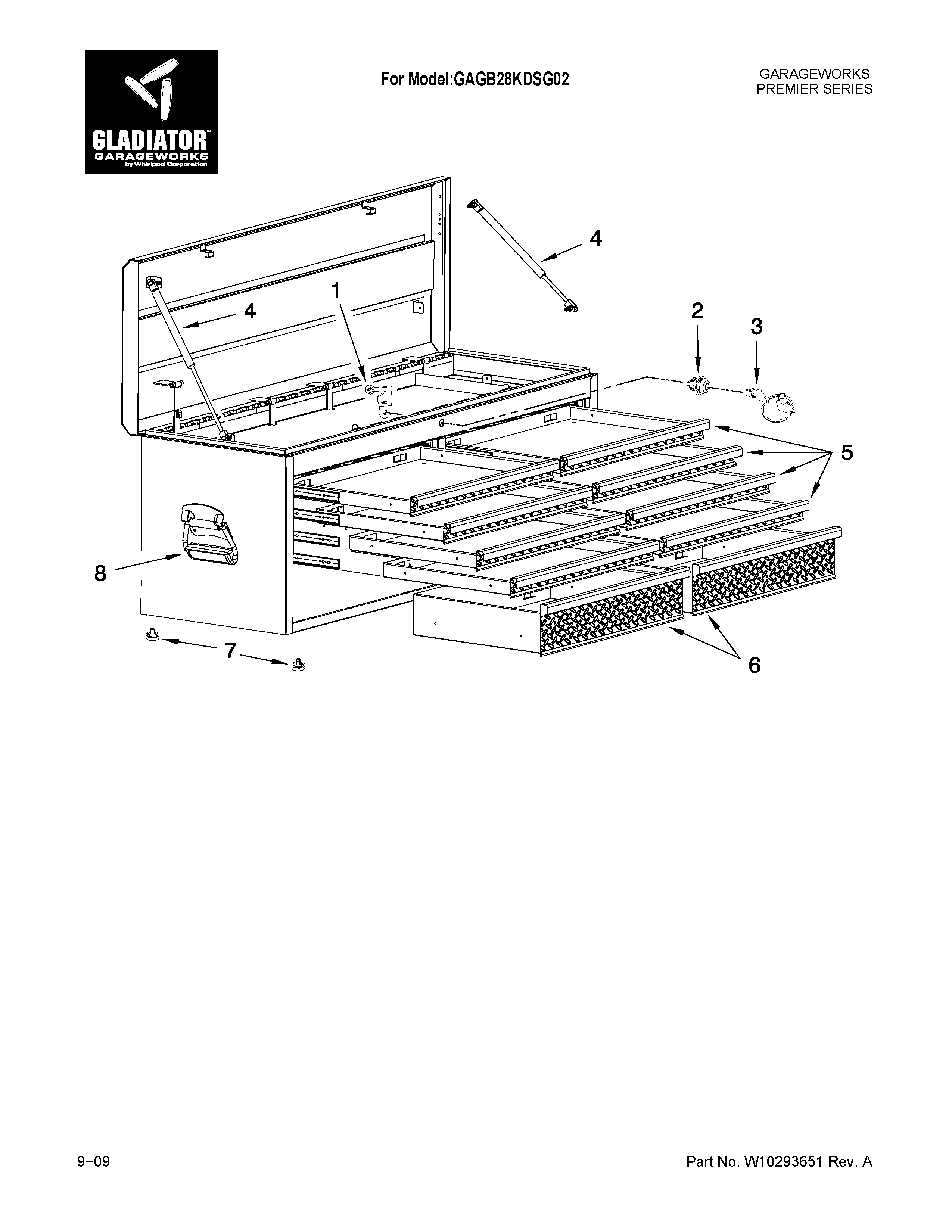 Gladiator GAGB28KDSG02 10-drawer 52" tool chest diagram