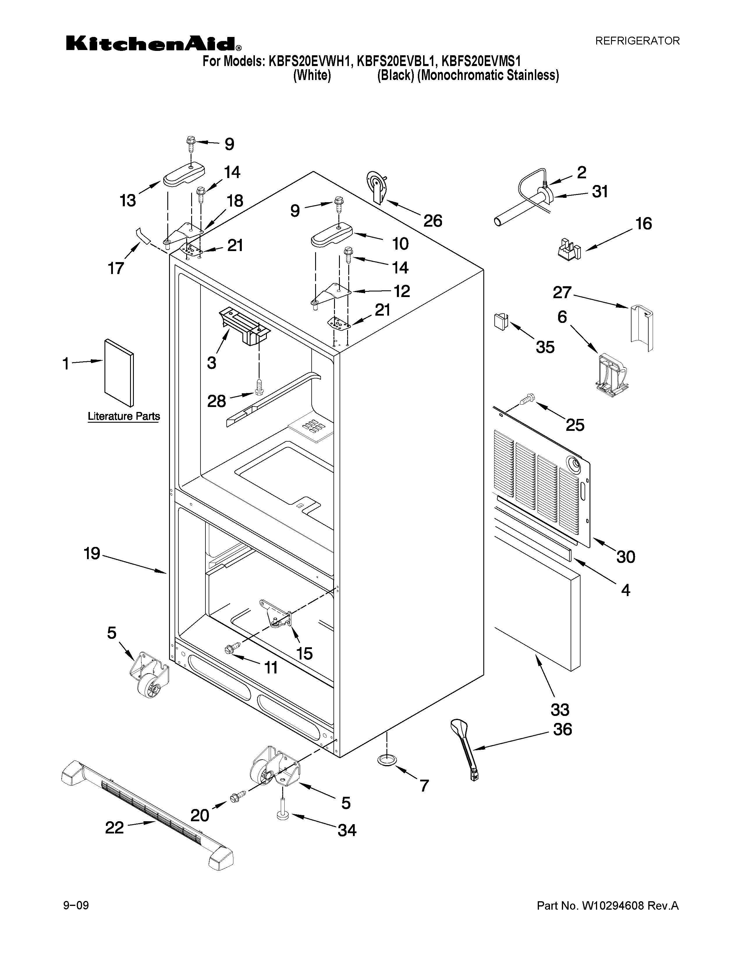 KitchenAid KBFS20EVWH1 cabinet parts diagram
