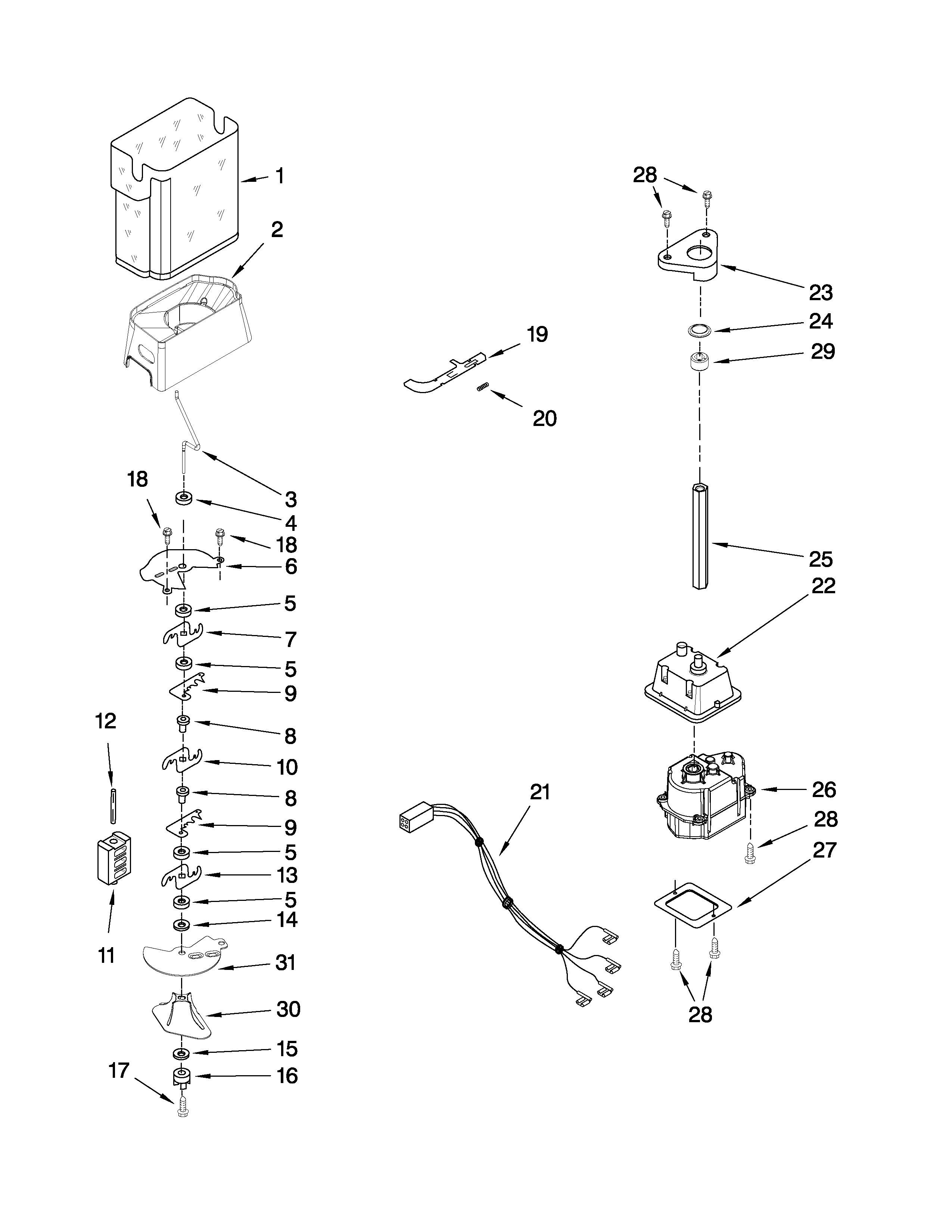 Whirlpool GD5RVAXVQ04 motor and ice container parts diagram