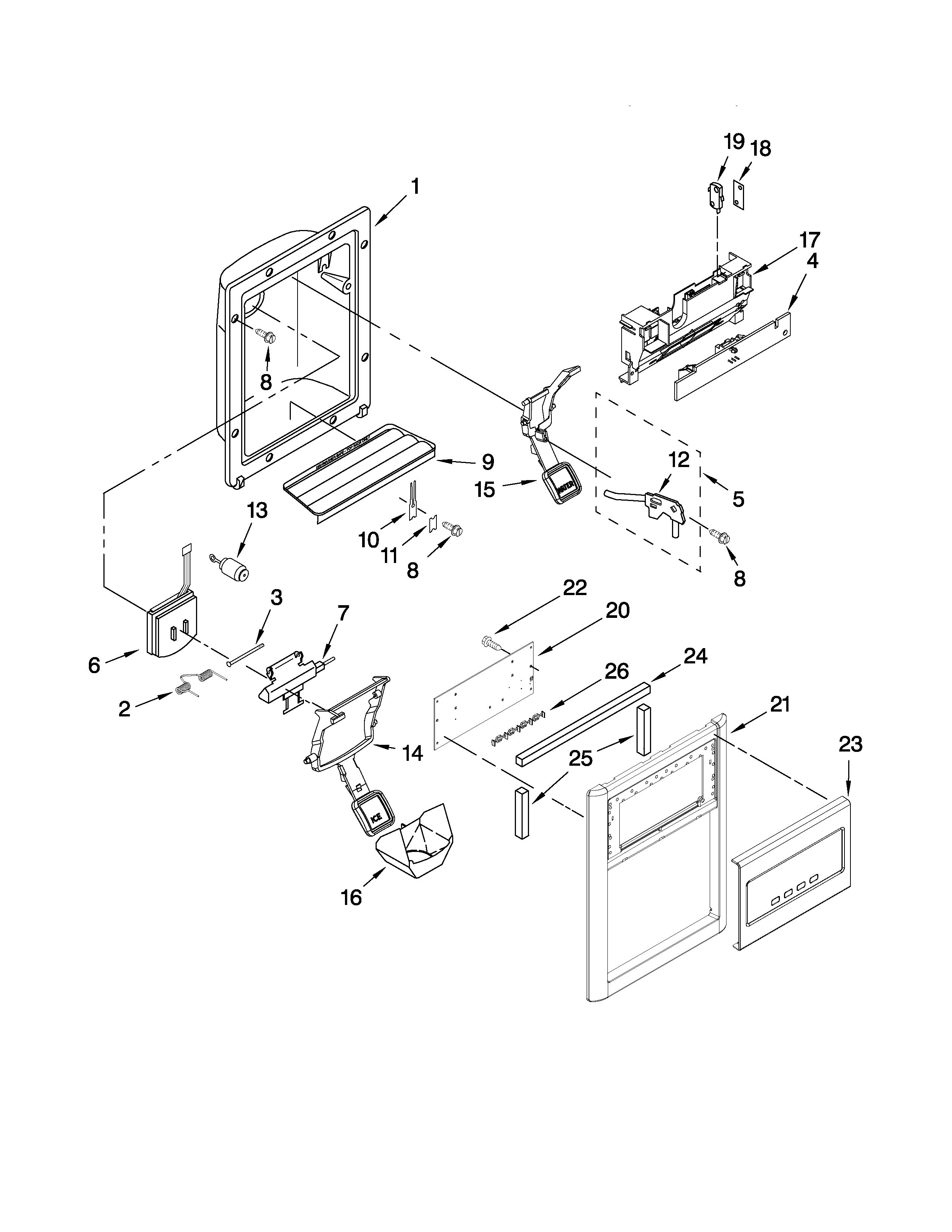 Whirlpool GD5RVAXVQ04 dispenser front parts diagram