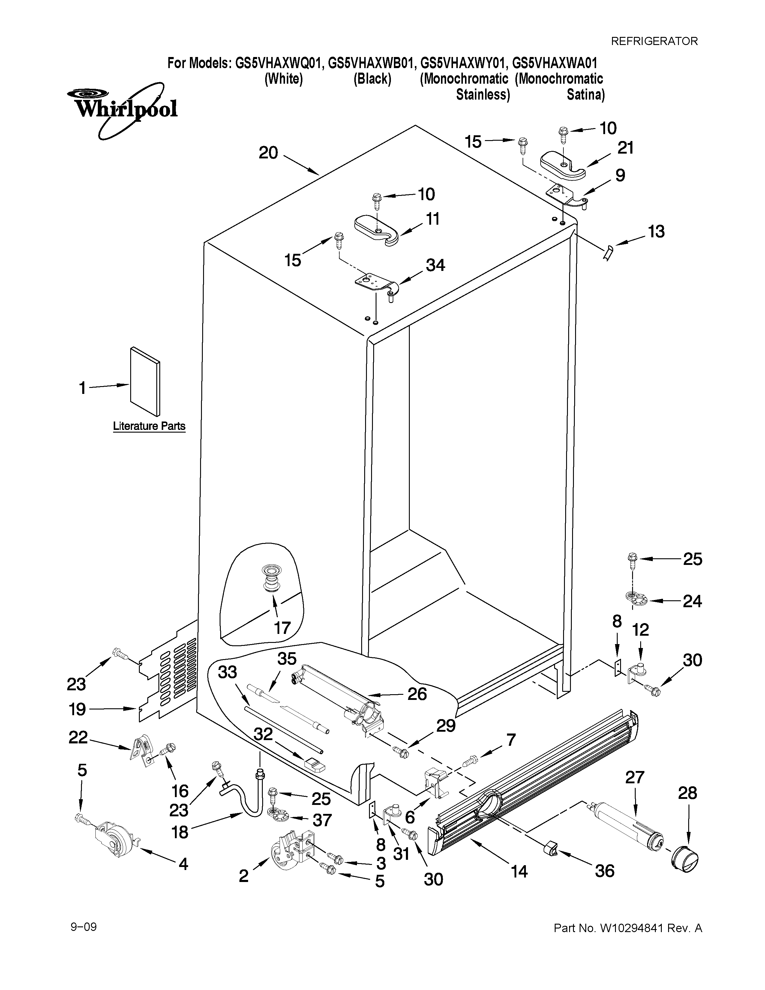Whirlpool GS5VHAXWA01 cabinet parts diagram