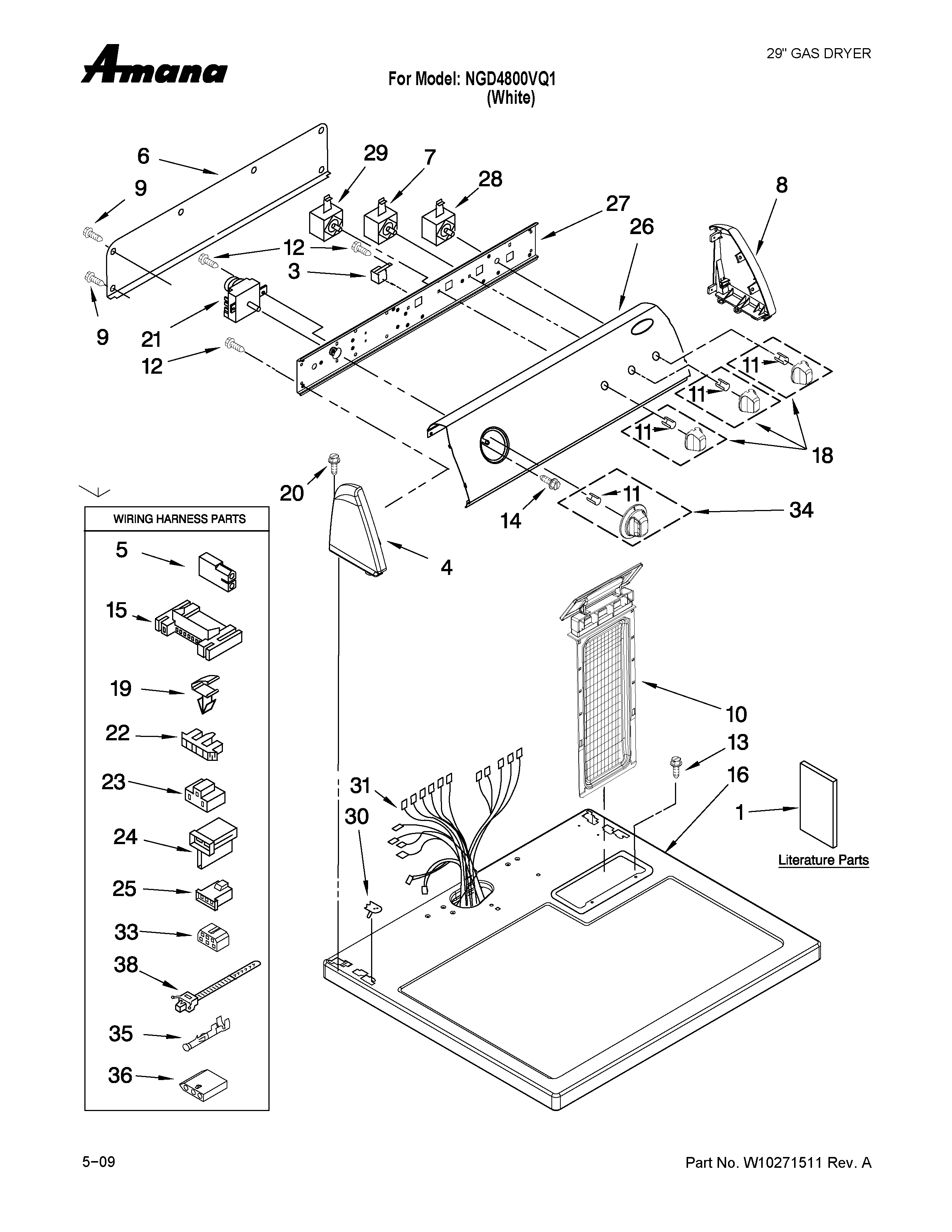 Amana NGD4800VQ1 top and console parts diagram